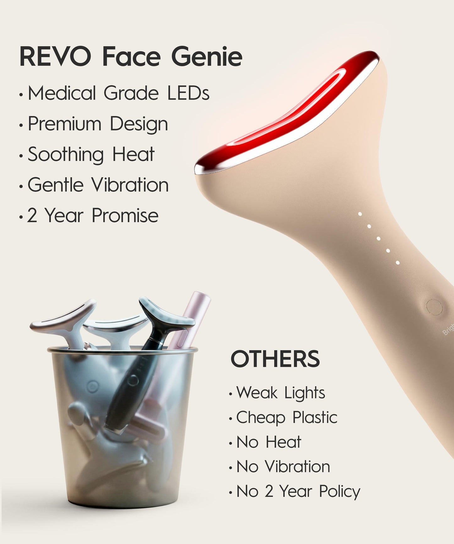 REVO Genie Facial Massager for Face and Neck, LED Beauty Device with Heat and Vibration, Depuffing Sculpting Tool with Red Blue Green Light Modes for Skincare Routine