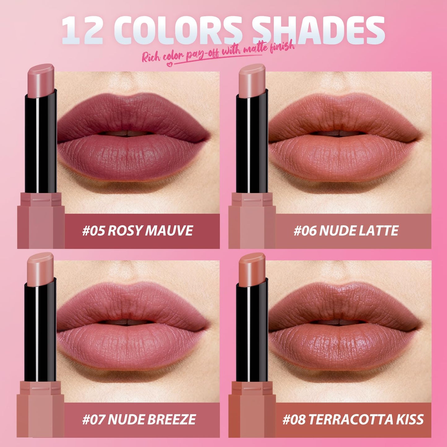 Jolilab 10Pcs Velvet Matte Lipstick Nude Matte Soft Dark Color Stick High Pigmented Long-Lasting Waterproof Lip Stick Lip Balm Beauty Cosmetics Gift for Women(Curated 10-Shade Set)