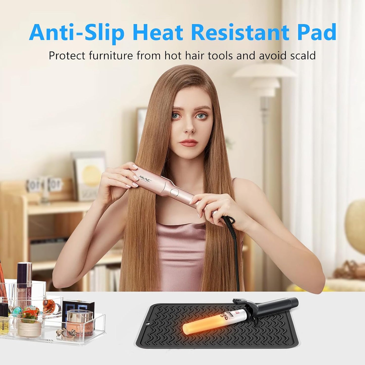 Heat Resistant Curling Iron Mat - Oversized Silicone Hair Styling Tool | Portable Travel Size 14.2” x 11”