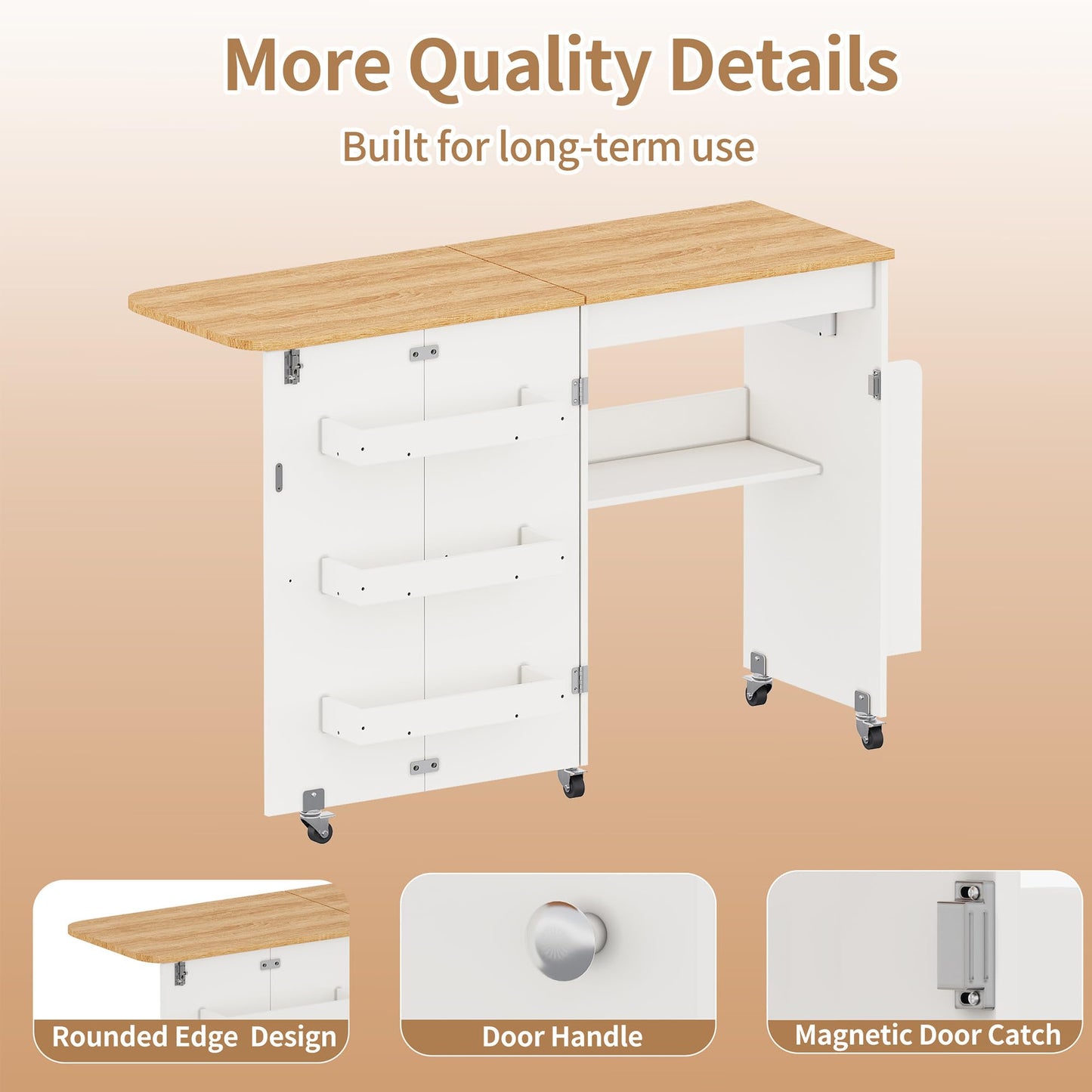 Folding Sewing Table with Power Outlet, Rolling Sewing Desk with Side Storage Rack, Compact Portable Sewing Cabinet for Sewing Machine, Craft Table Organizer for Home (White)