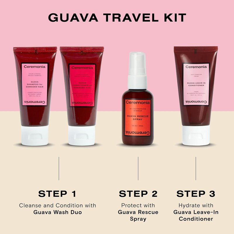 Ceremonia Guava Travel Hair Care Kit - 4 Piece Set for Split Ends & Frizz Control | Shampoo, Conditioner, Leave-In, Detangler Spray