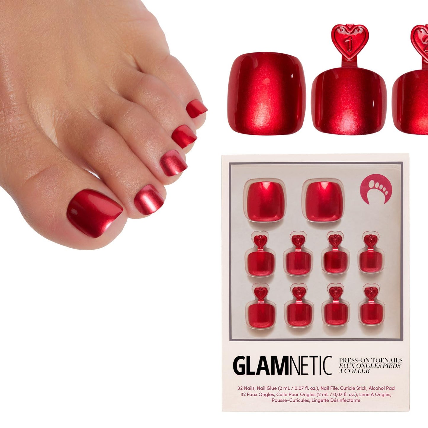 Glamnetic Press On Toenails - Classic White French Tip Fake Toe Nails | 16 Sizes, Glossy Finish, 32 Nail Kit with Glue