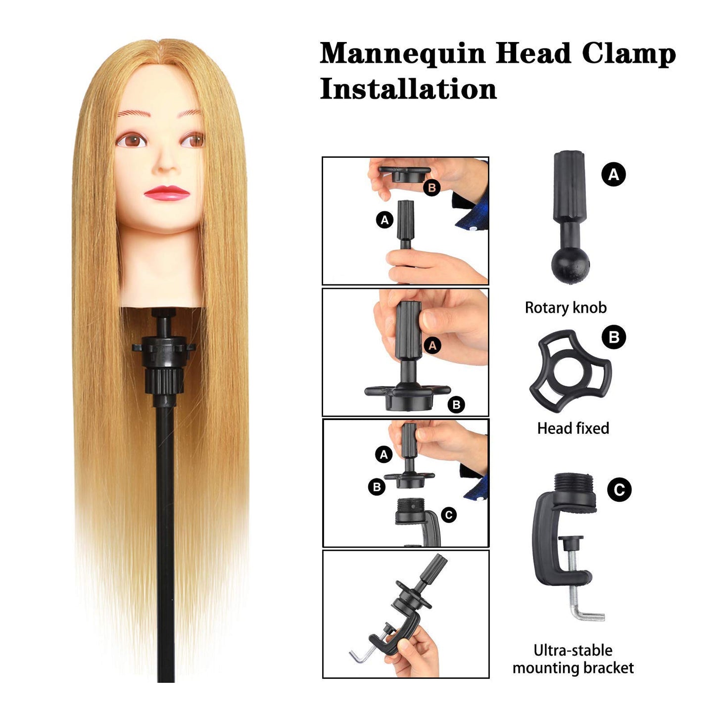MEIBR Mannequin Head 100% Real Hair Styling Training 24-27inch Manikin Cosmetology Hairdressing Doll With Free Clamp Female+Braid Set (27#)