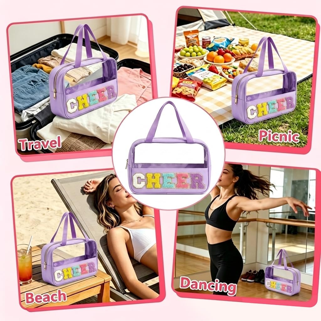 Cheer Makeup Bag - Chenille Letter Patch Clear Cosmetic Organizer | Waterproof Nylon Travel Toiletry Bag for Cheerleaders