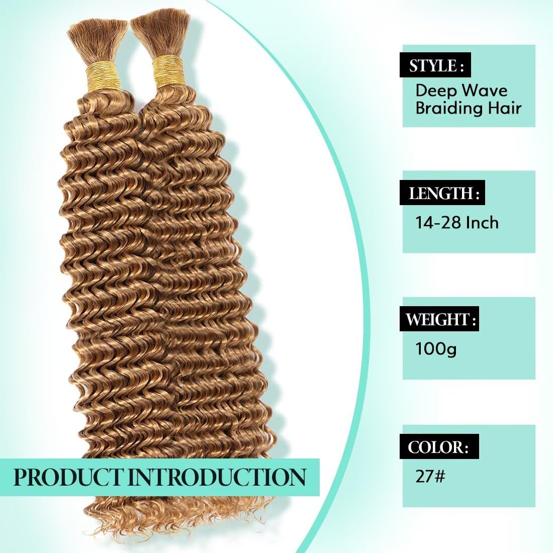 Boho Hair for Braiding, Curly Virgin Human Braiding Hair for Women, 12A Knotless Deep Wave Bulk Bohemian Styles, 100g 20 Inch 2 Bundles/Pack Caramel Honey Blonde Color 27