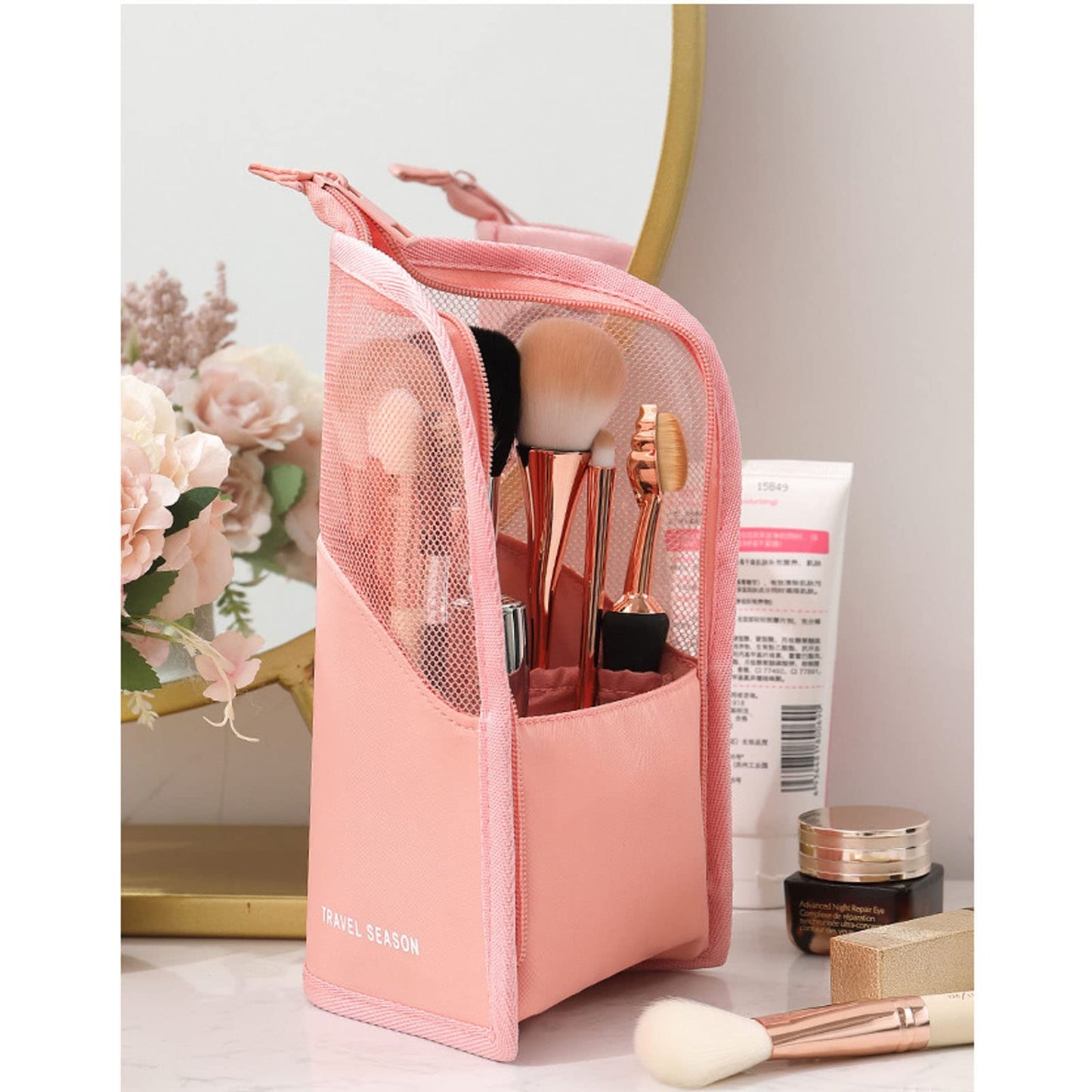 Linsiter Makeup Brush Travel Case Stand Up, High Capacity Makeup Organizer Portable Travel Makeup Brush Holder (Pink)