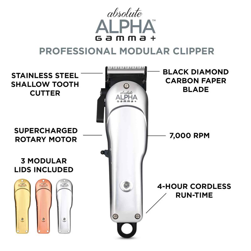 GAMMA+ Absolute Alpha Professional Modular USB Cordless Clipper with 5 Dub Magnetic Guards, Matte Silver, Rose Gold, and Gold
