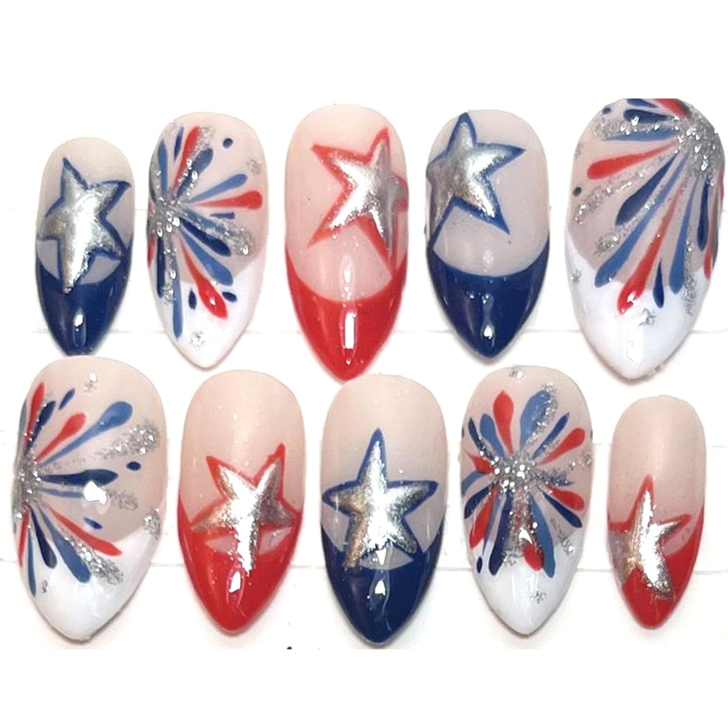 Almond Press On Nails - 30Pcs Medium Fake Nails with 3D Floral Art | Red French Gradient Acrylic for Women