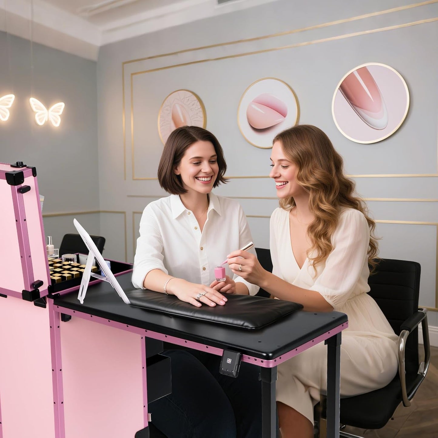 Portable Manicure Table - Rolling Nail Desk with 3 Drawers & Lockable Makeup Case | Pink with Detachable Mirror