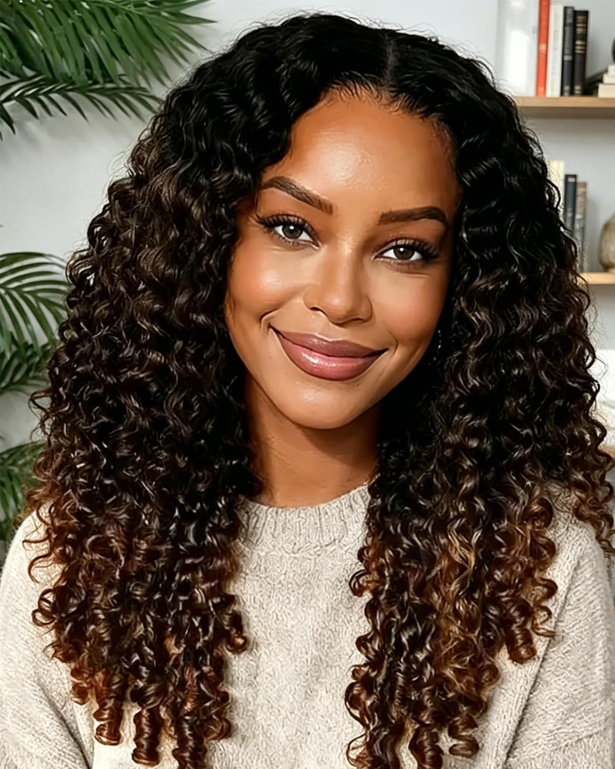 T1b/4/30 Black Ombre Brown Ombre Color 30 Burmese Curly Feather Human Crochet Hair for Black Women 105g Pre-Separated Looped Invisble Curly Bundles Human Hair Reusable Wet and Wavy Remy Hair Extension