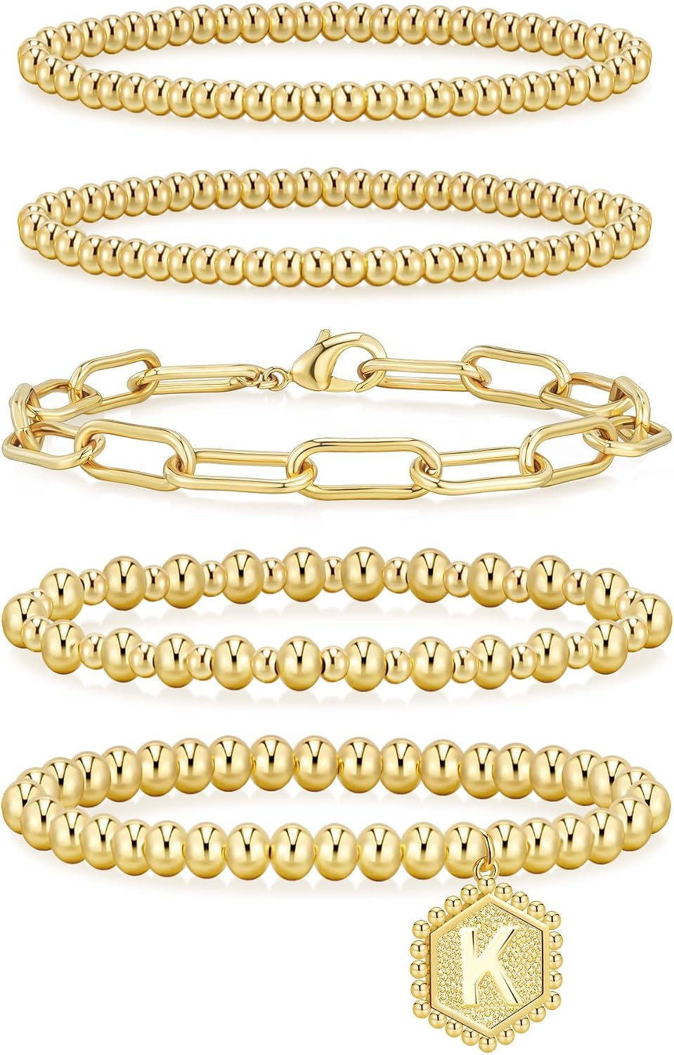 Gold Bracelets for Women - Waterproof 14K Gold Plated Beaded Strand Adjustable Jewelry Set | Perfect Gift