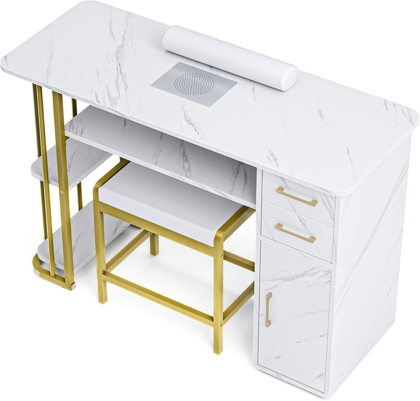 Manicure Table - Professional Nail Desk with Dust Collector & Stool | Modern White Design with Storage Cabinet & Drawers