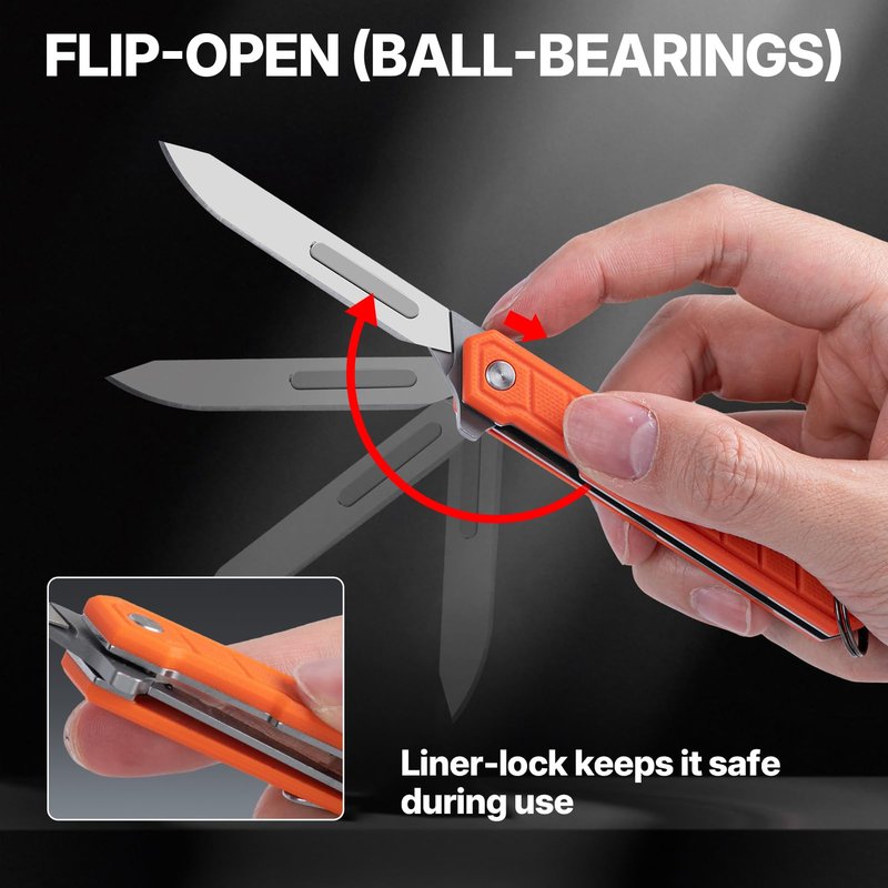 Tops Home Mini Folding Scalpel – Slim G10 Handle with Back Clip, Liner Lock Pocket Knife for Crafts, Utility Box Cutter, Includes 20 Replaceable Blades (#24 & #60) (Orange)