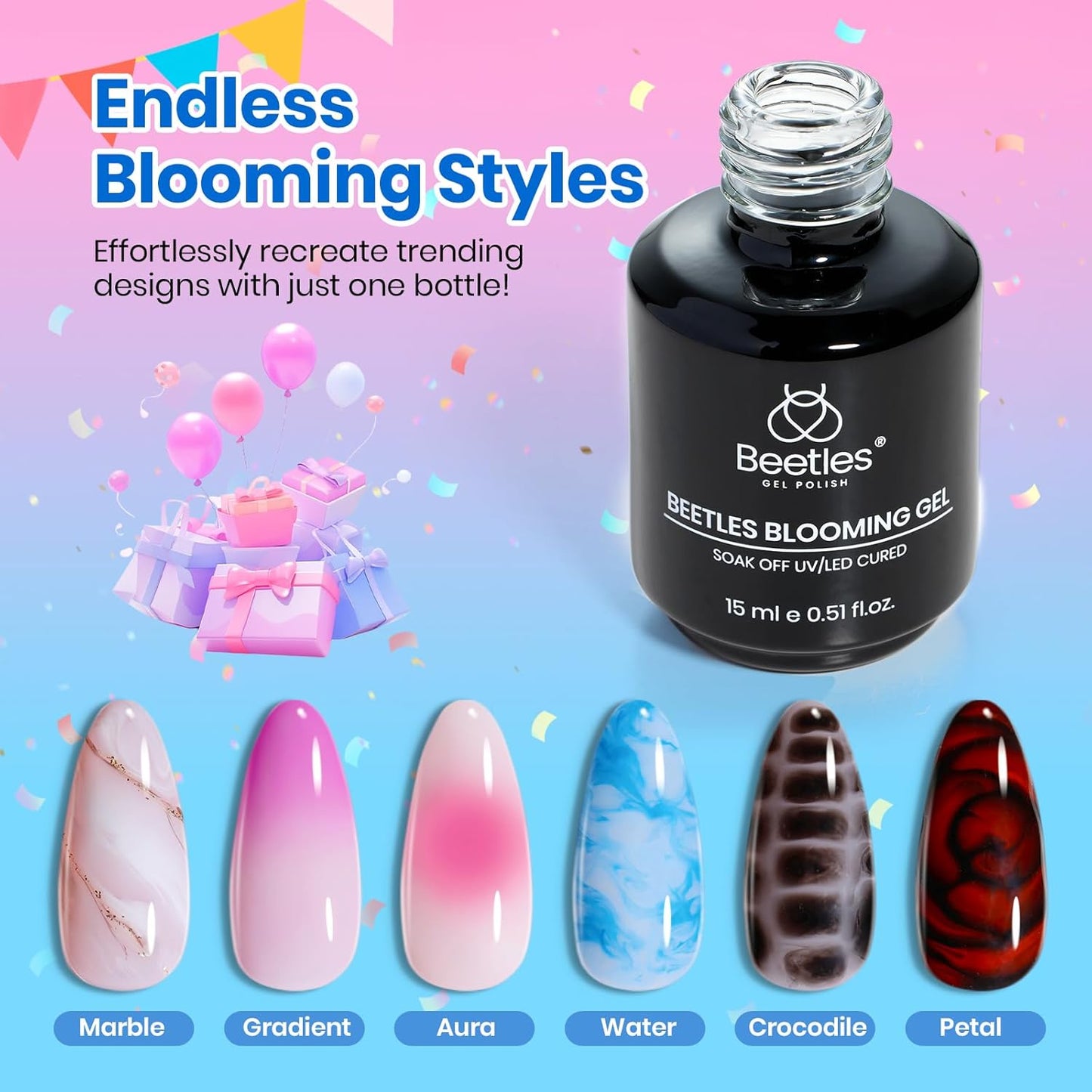 Beetles Blooming Gel - 15ml Clear UV LED Nail Polish for Marble Floral Design | Soak Off DIY Manicure