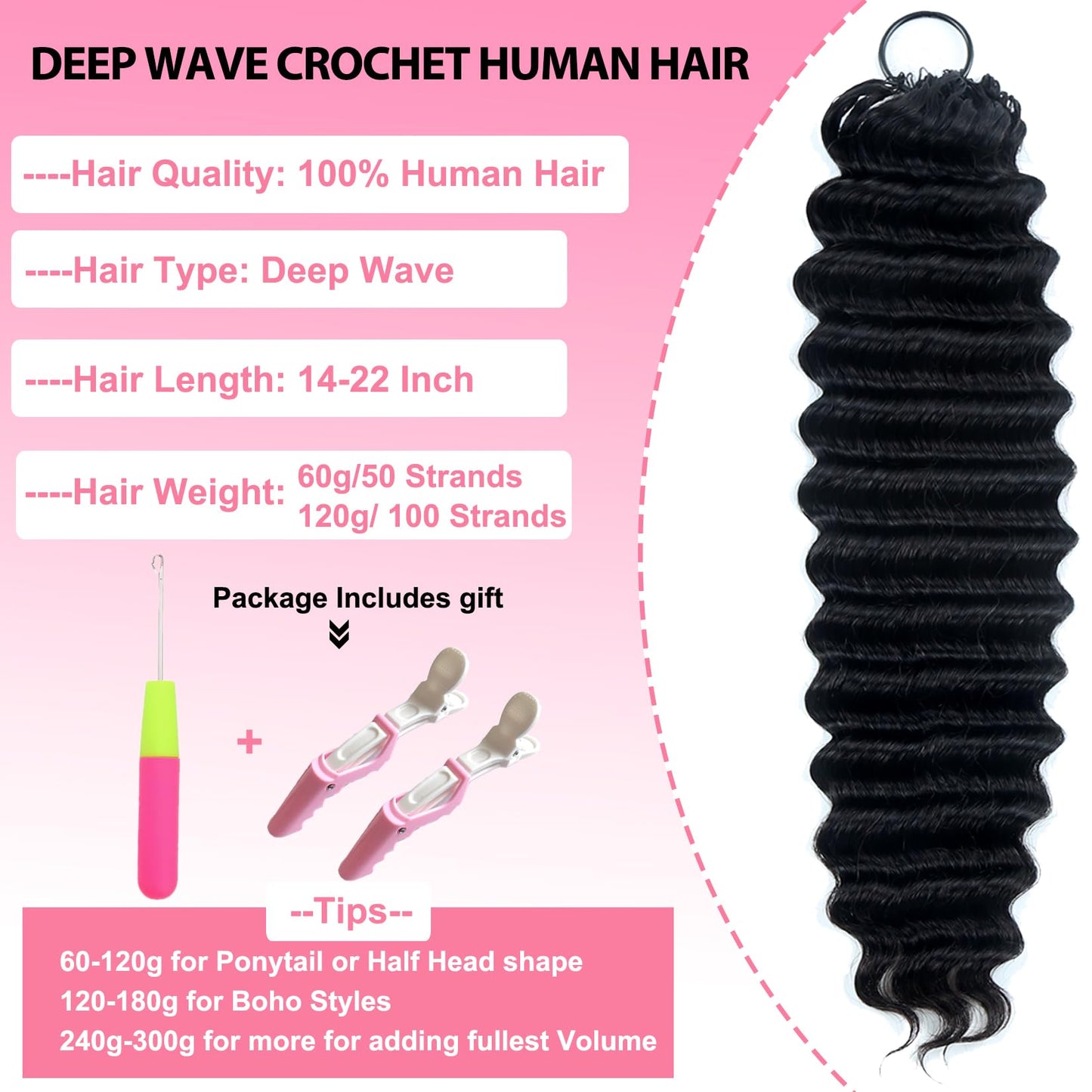 Human Crochet Hair for Black Women 50 Strands Deep Wave Crochet Human Hair Bundles 18 Inch 60g Pre-Separated Invisible Curly Miracle Knots Human Feather Crochet Hair Extensions Black