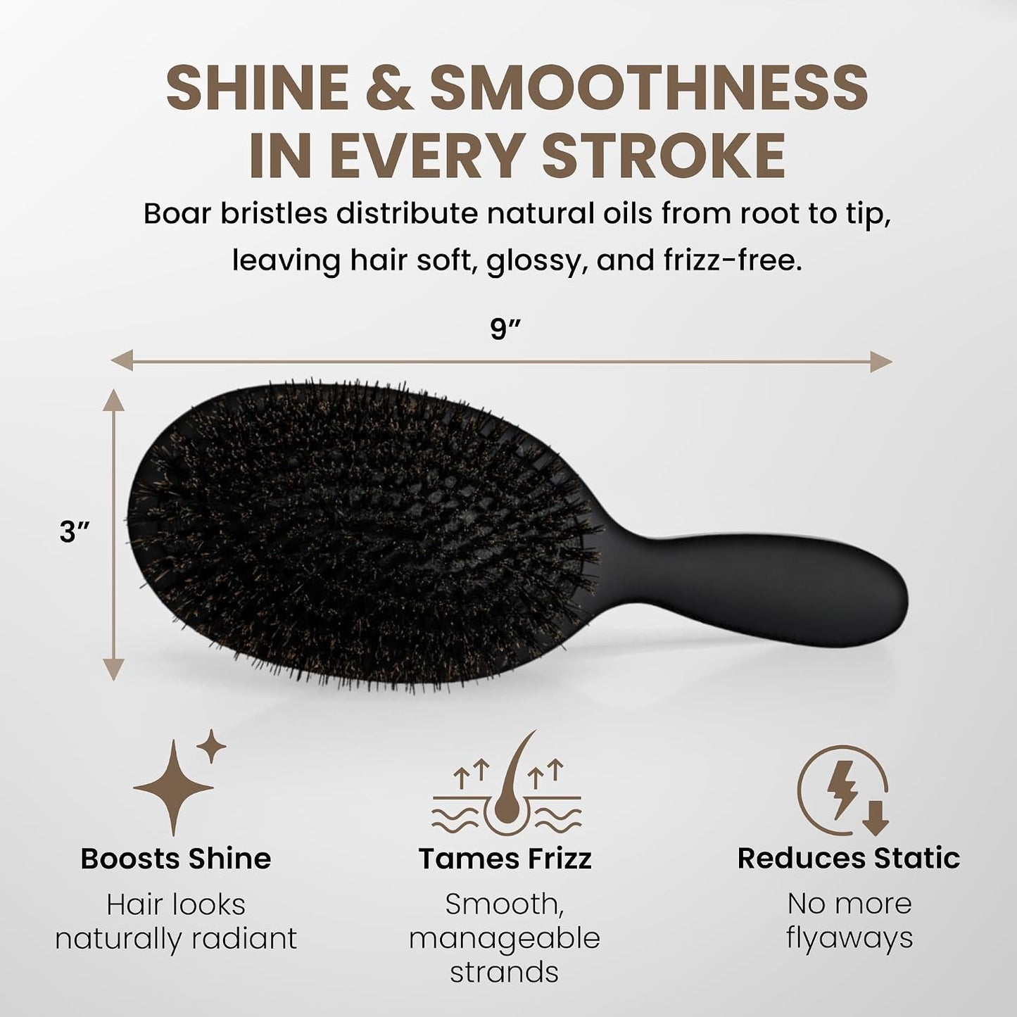 Professional Paddle Hair Brush - Tourmaline Cushion Brush with Boar Bristles for Gentle Detangling | Large Black