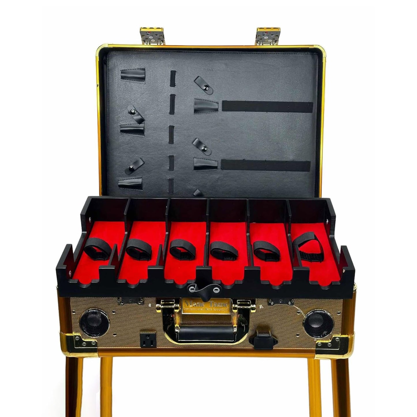 MANE TAME Barber Case - VIP Mobile Barber Station- Gold - Includes Speakers, TSA Locks, Removeable/Adjustable Legs.