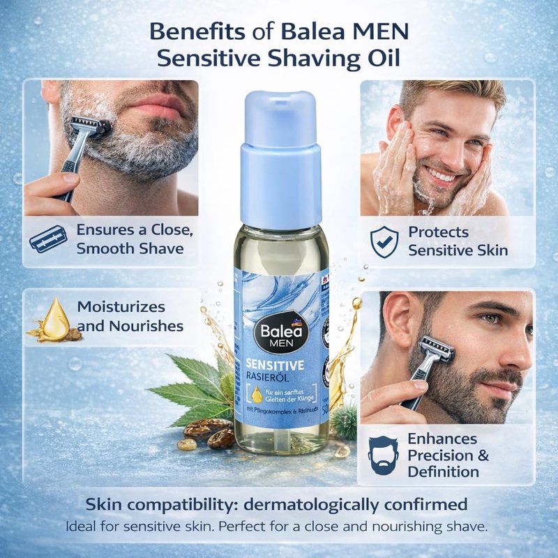 Balea MEN Sensitive Shaving Oil for Men Beard & Contour Natural Oil Complex with Castor Oil Soothes & Protects Sensitive Skin Smooth Glide Formula 50 ml