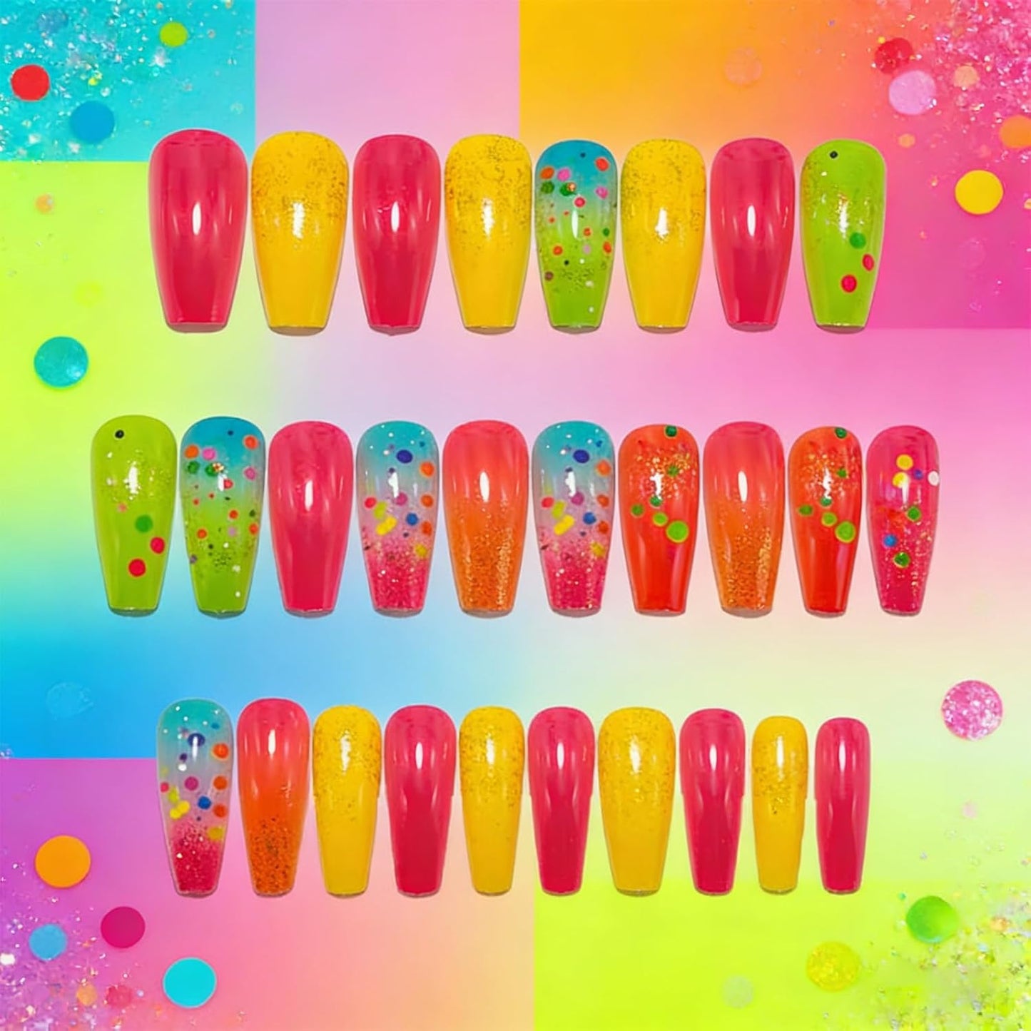 Medium Coffin Press-On Nails - Colorful Gradient Polka Dot Design | 24 Reusable Full Cover Nails for Women