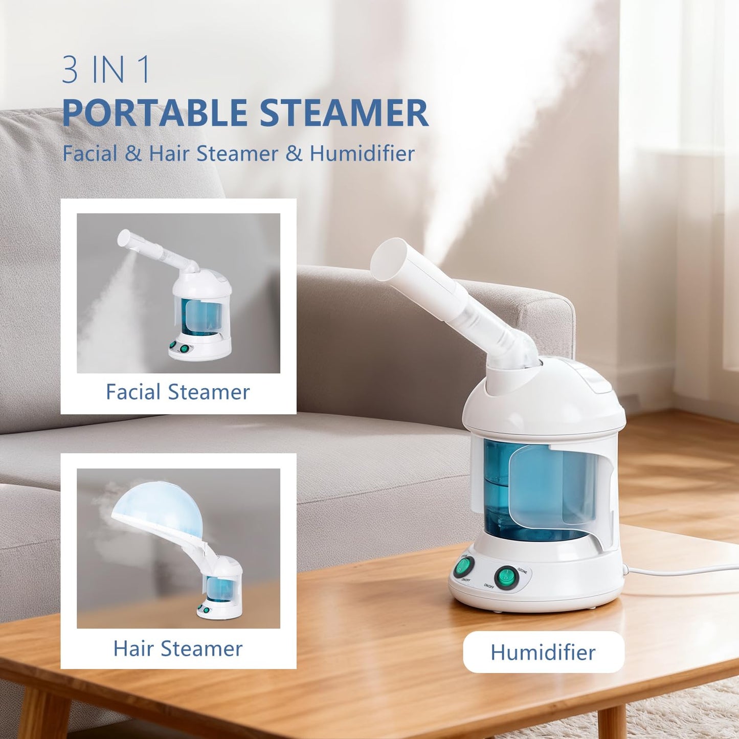 Saicool 3 in 1 Facial Steamer, Hair Steamer, Air Humidifier Hot Mist Moisturizing Hydration System, Portable Facial Atomizer Spa for Personal Care Use at Home Salon