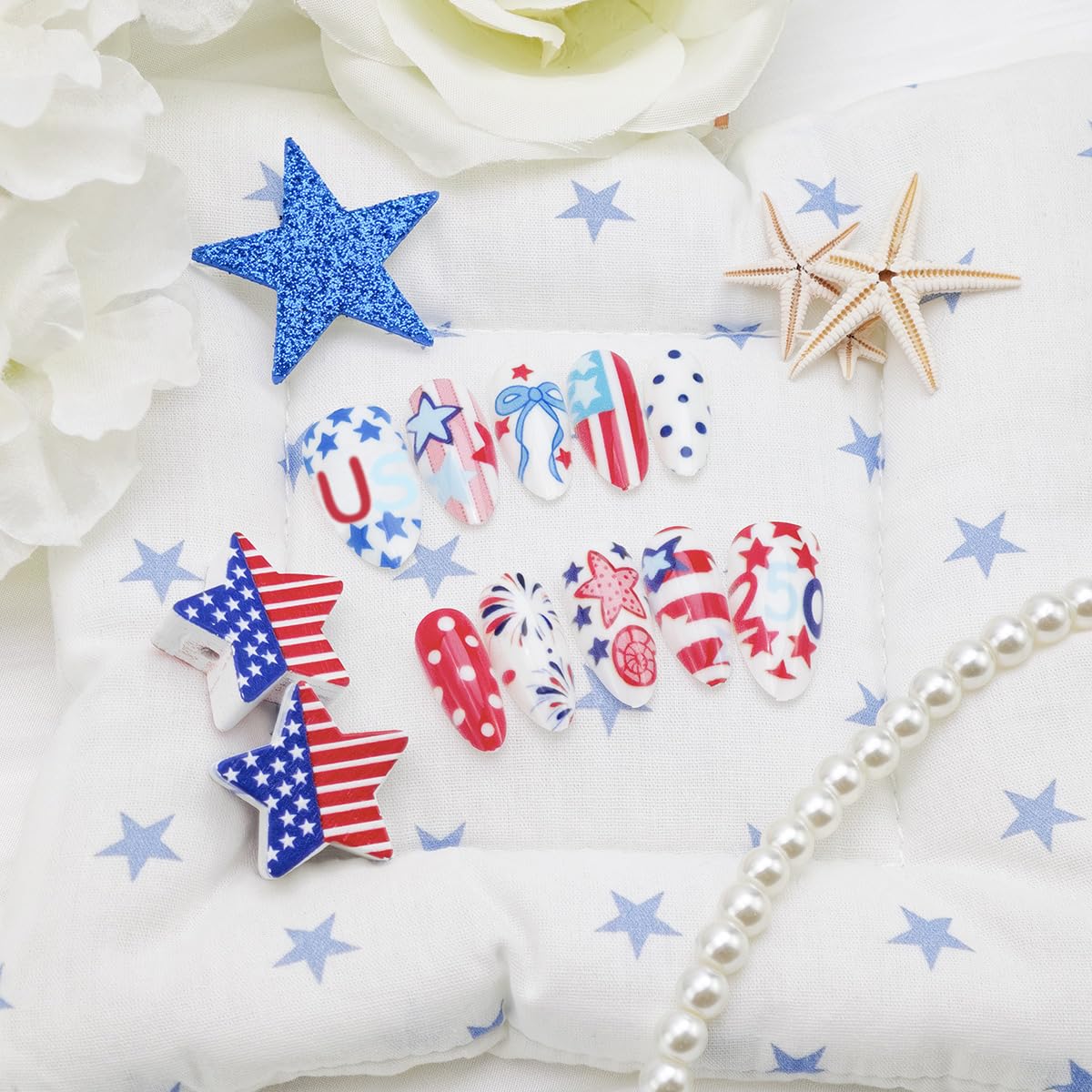 24Pcs 4th of July Press-On Nails - Short Almond American Flag Designs | Patriotic Summer Manicure