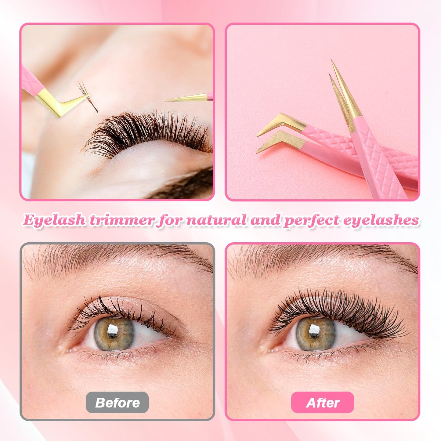 2 Pcs Professional Lash Tweezers Set, Eyelash Cluster Extension Tools Fiber Tip Women Lash Eyelash Eyebrow Tweezers with Bent and Straight Tips, Non-Slip Grip for Volume Classic Lashes (Pink)