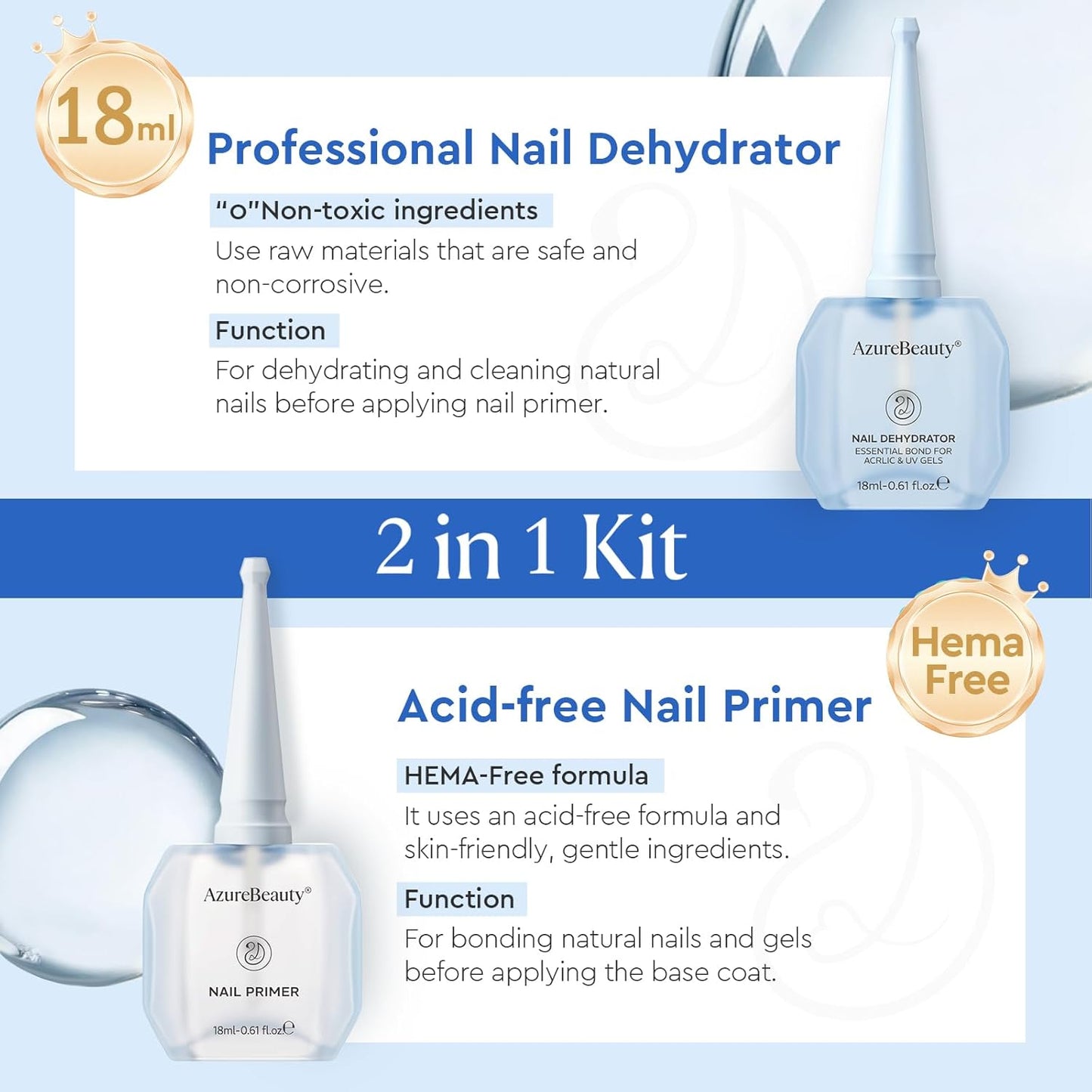 AZUREBEAUTY Nail Dehydrator & Primer Kit - Acid-Free, Hema-Free, Quick Dry | 18ml for Long-Lasting Gel & Acrylic Manicures