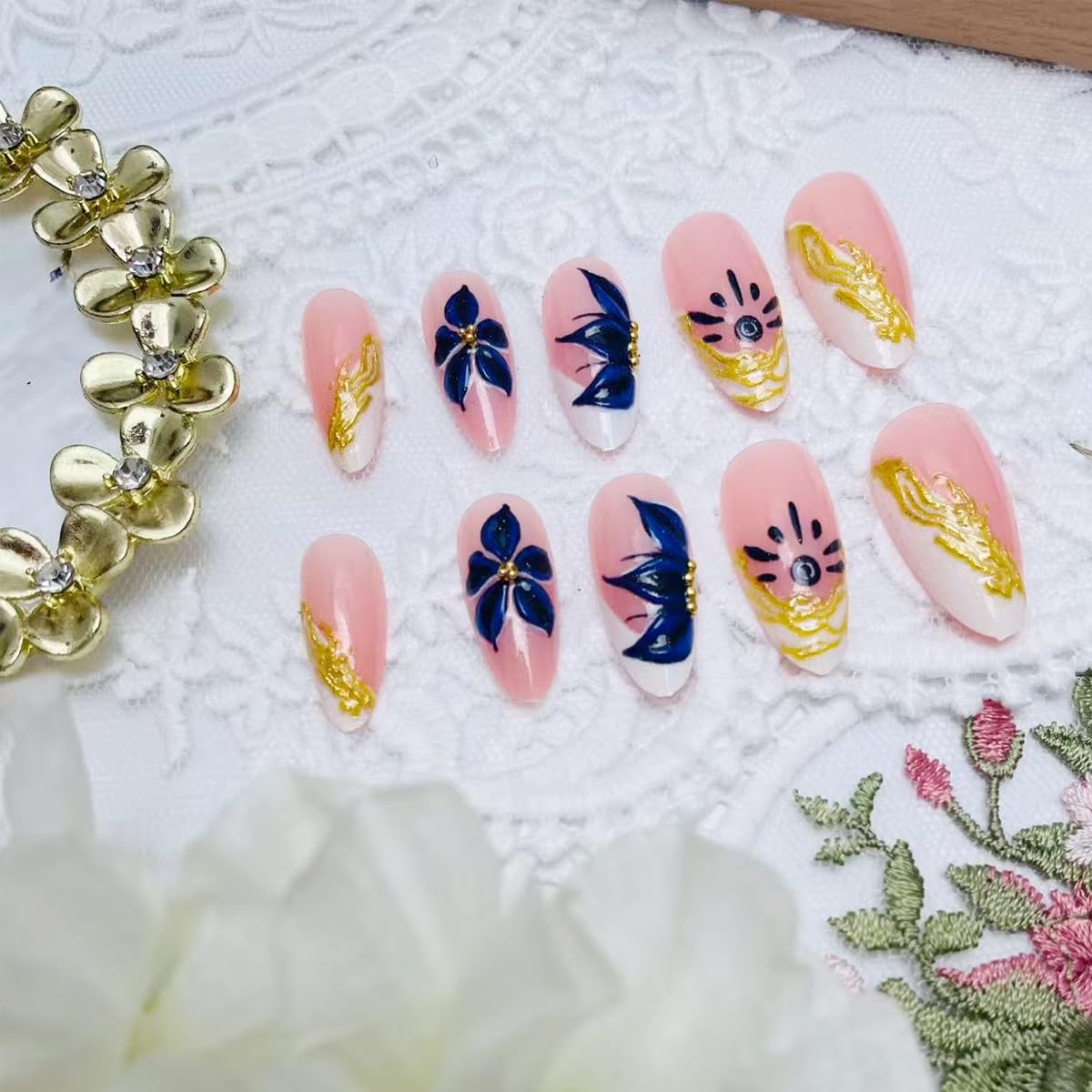 Blue Floral Press-On Nails - Almond Shape Chrome Gold French Tip | 24 Pcs Medium Length Full Cover Acrylic Art for Weddings & Daily Use