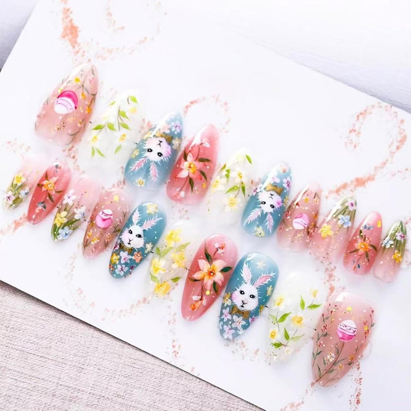 Colorful Gradient Press-On Nails - Medium Almond Summer Sunset | Reusable Glossy Full Cover 24 Pcs with Adhesive Stickers