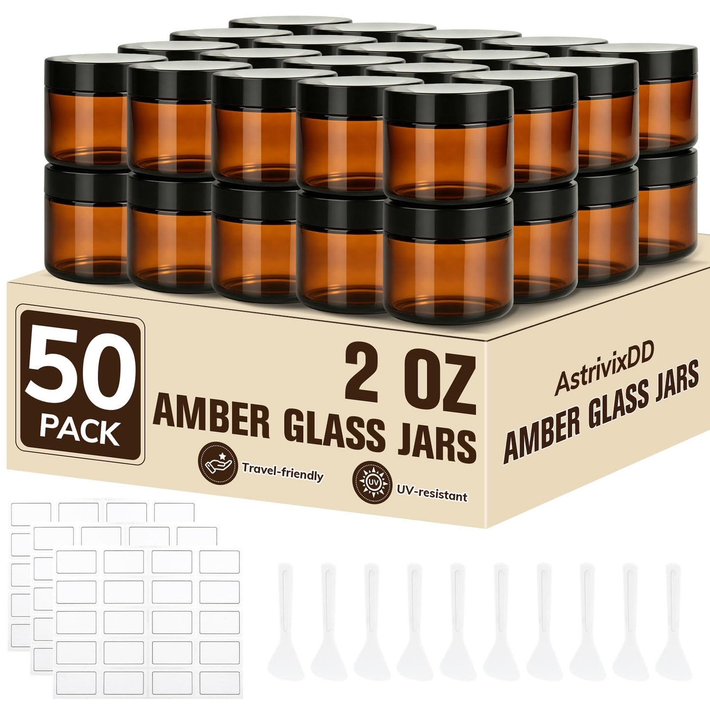 50 Pcs 2 oz Glass Jars with Lids, Amber Glass Jars with 60 Labels & 10 Spatulas, Inner Liners, LeakProof, UV-Protective,Round Glass Containers for Essential Oils, Spices, Candle Making,DIY