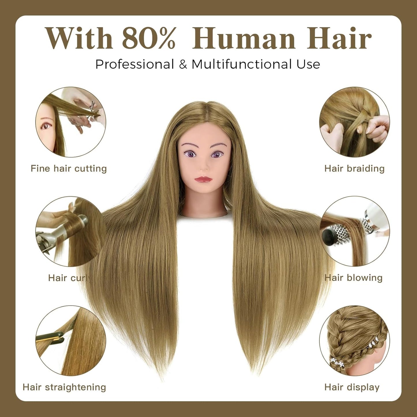 Human Hair Mannequin Head - 28” Cosmetology Training Doll for Hair Styling | 80% Real Hair with Table Clamp