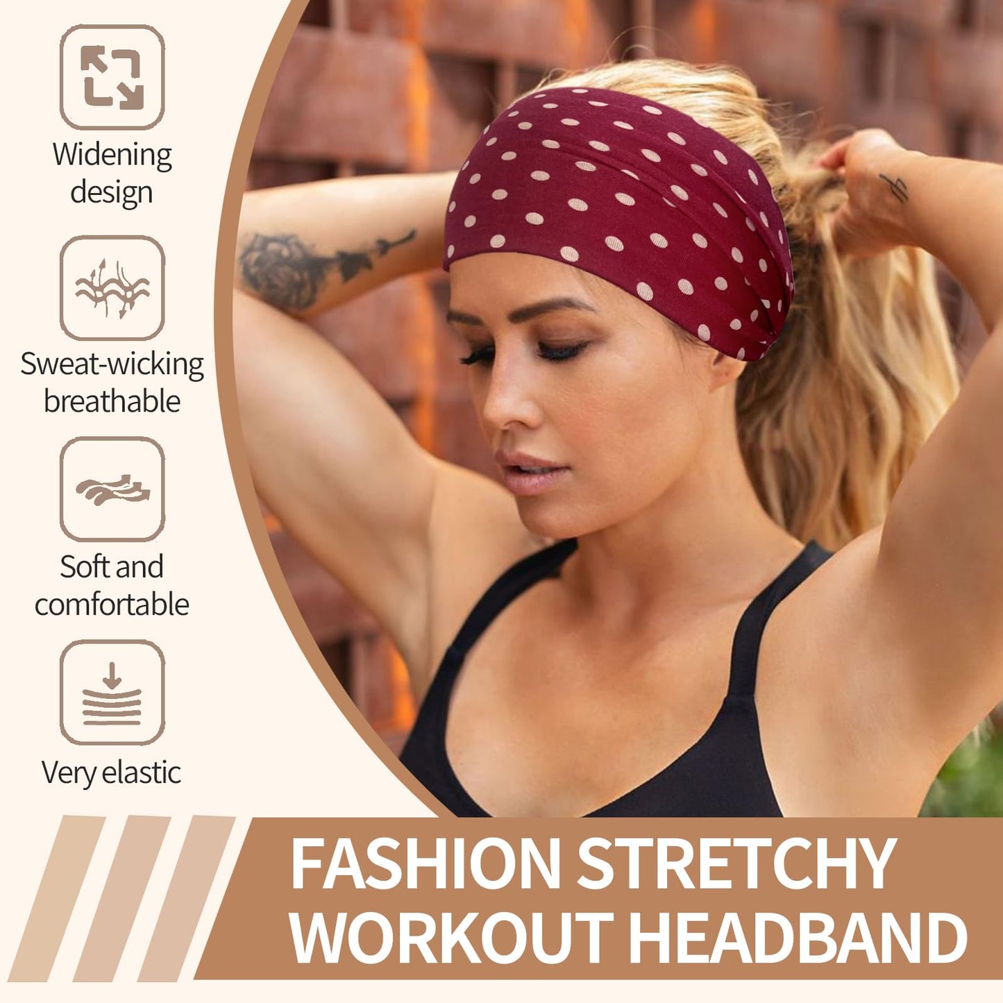 KU Wide Headbands for Women Non Slip 6 Pack Soft Elastic Hair Bands Sports Yoga Running Gym Workout Knotted Head Wraps, Cotton Cloth African Turbans Solid Color-With 6 Pcs Hair Ties