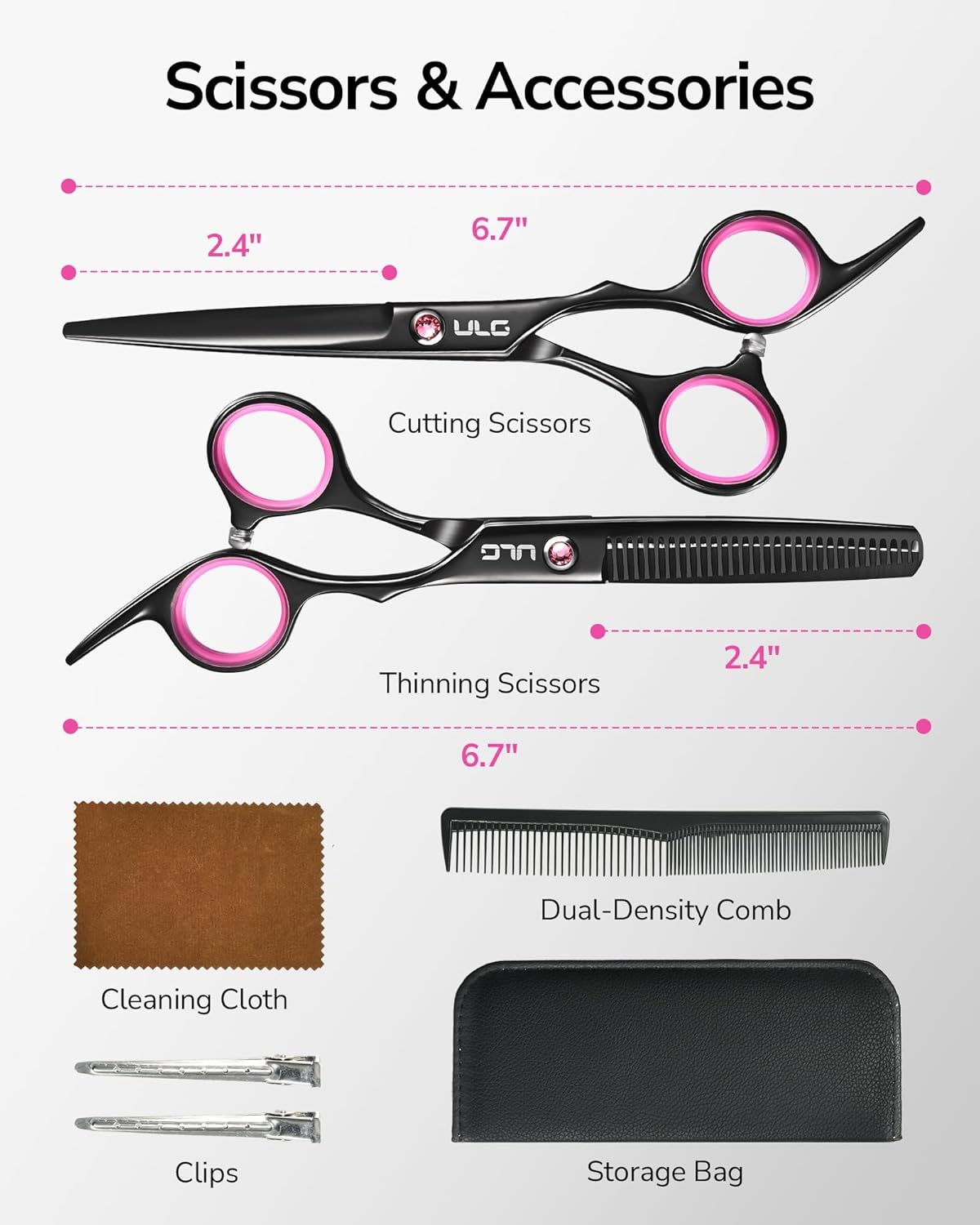 Professional Hair Cutting Scissors Kit - Thinning Shears & Razor Edge | 6.5 Inch Japanese Stainless Steel, Black