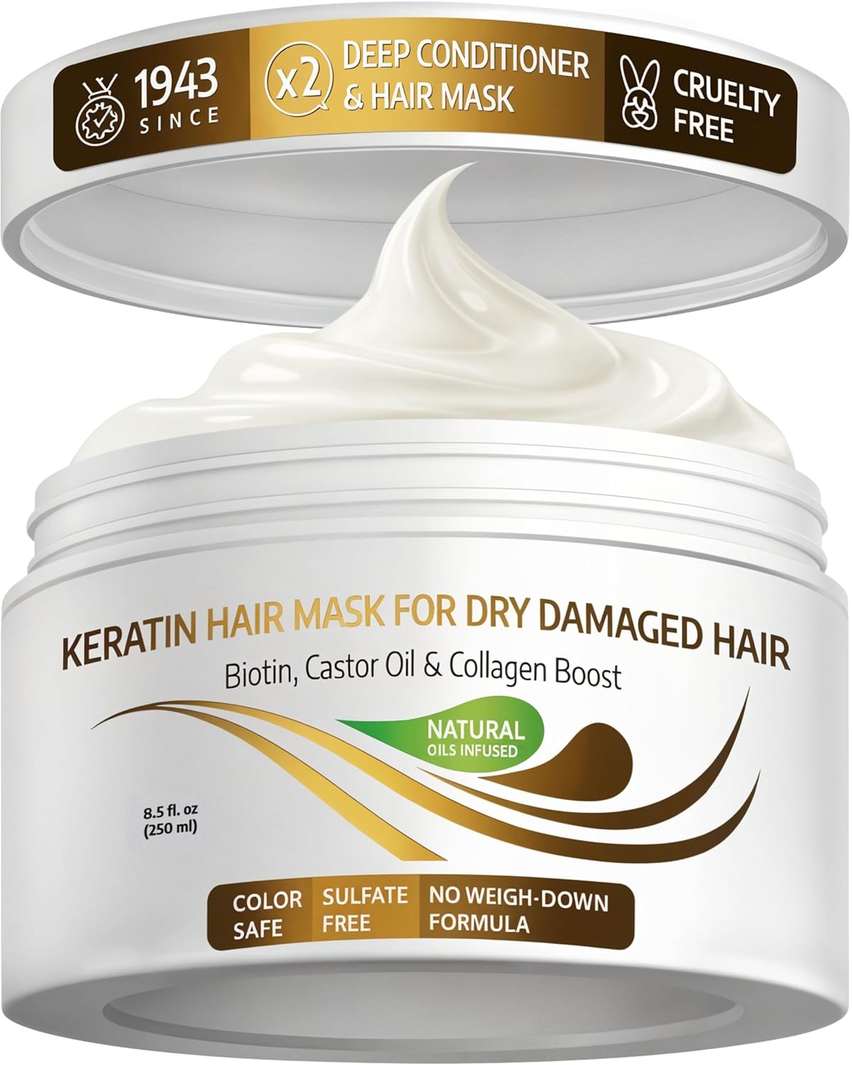 Keratin Hair Mask - Deep Conditioner for Dry & Damaged Hair with Biotin, Collagen & Castor Oil | 8.5 Fl Oz