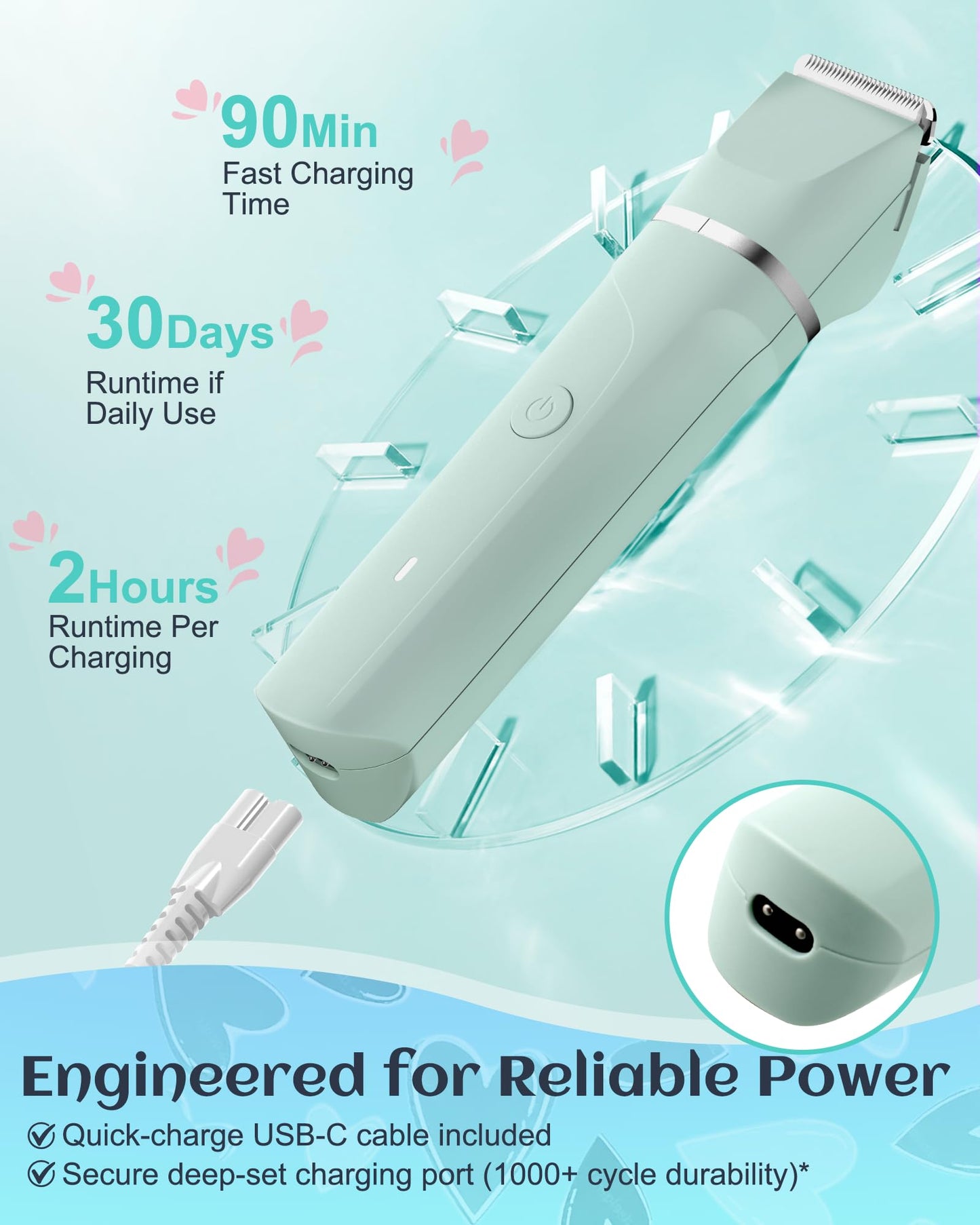 Bikini Trimmer for Women,Rechargeable Ladies Bikini Hair Trimmer Removal with Snap-in Ceramic Blades IP7X Washable Head,Pink