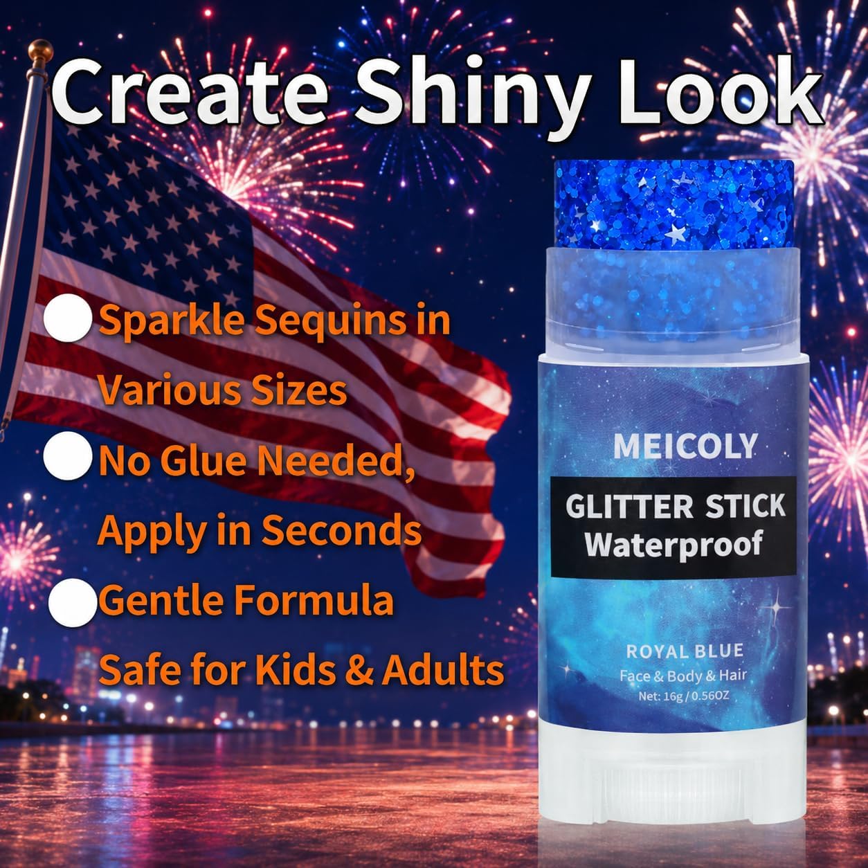 Royal Blue Face Hair Glitter Stick - 4th of July USA Flag Makeup | Waterproof Rave Accessory for Independence Day