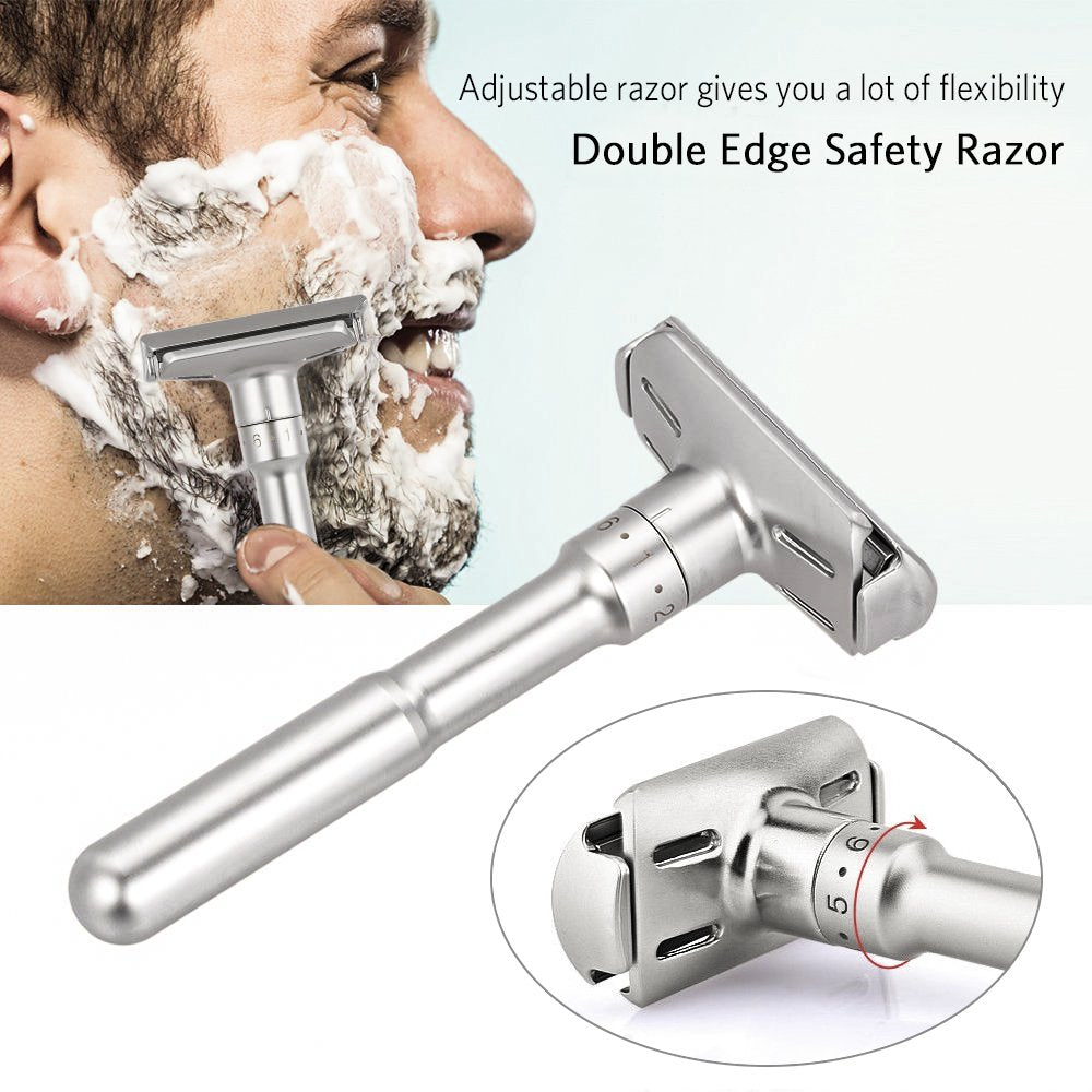 Travel Double Edge Safety Razor, River Lake RZ700 Long Handle Adjustable Classic Safety Shaver Razor (Razor with Protective Case,Black)