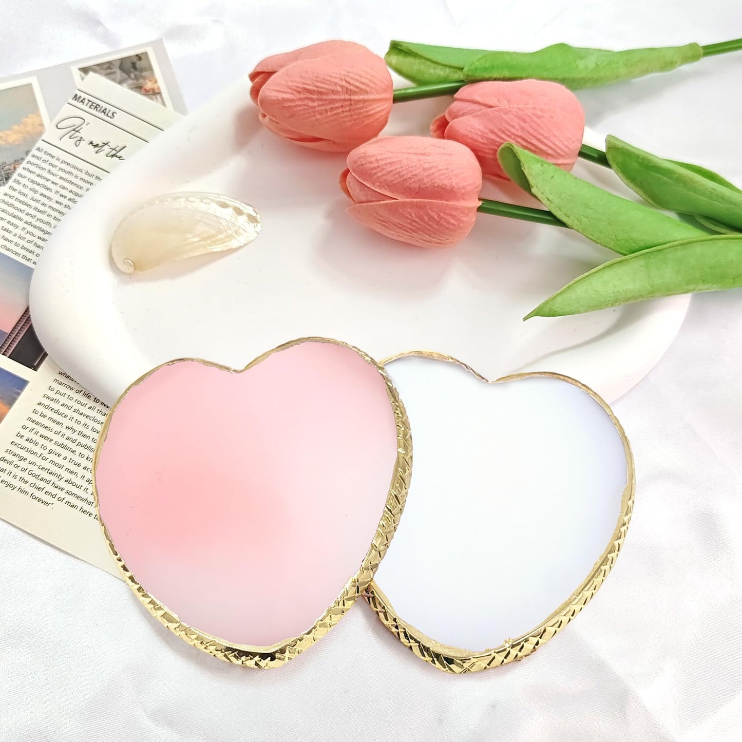 2Pcs Resin Nail Art Palette, Nail Polish Palette, Gold Edge Nails Holder Display Board, Cosmetic Mixing Tools for Nails Art(Heart Shaped White,Pink)