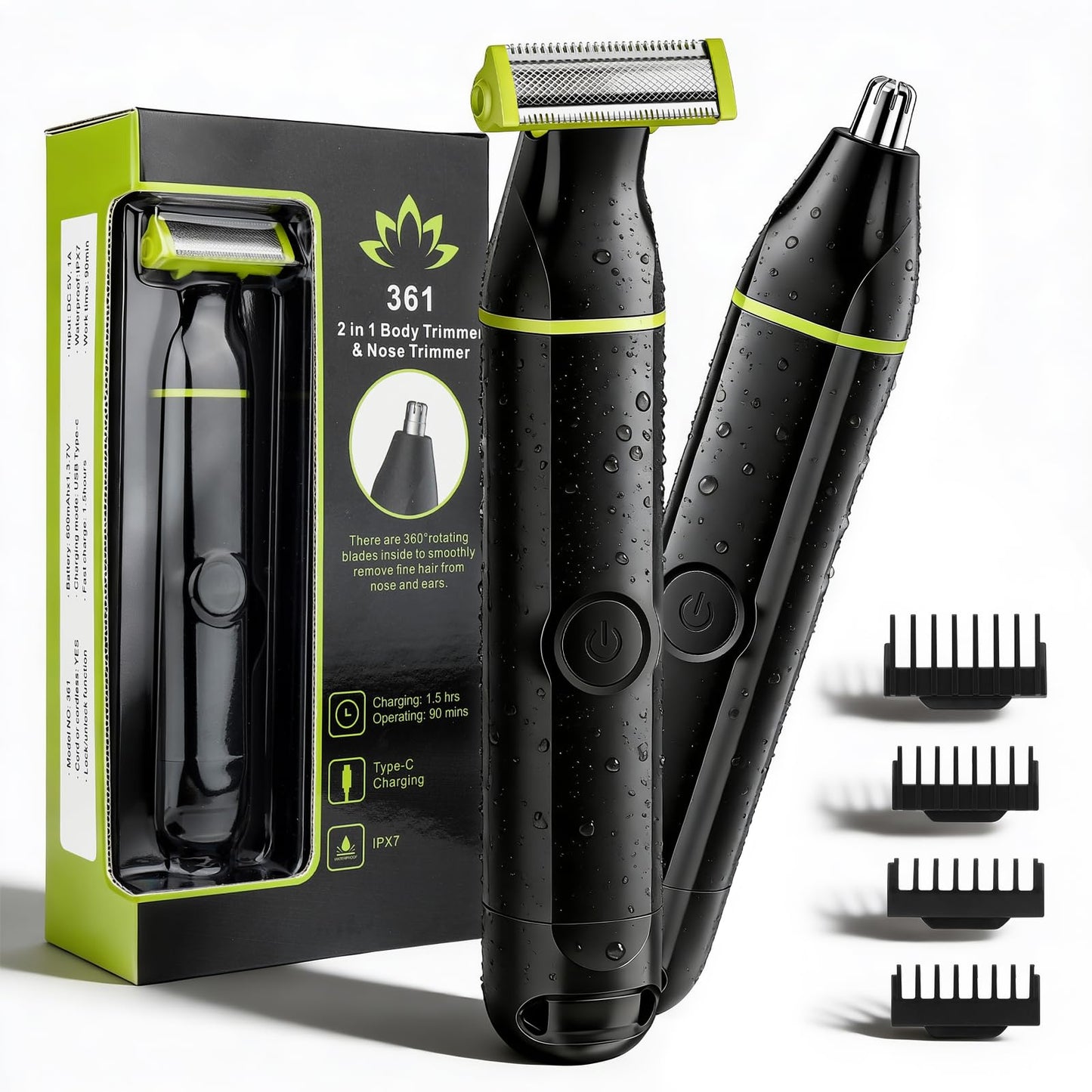 Lanumi 2 in 1 Men's Grooming Kit, Cordless Rechargeable Beard Trimmer, IPX7 Waterproof Electric Razor for Nose Ear Body Hair Trimmer