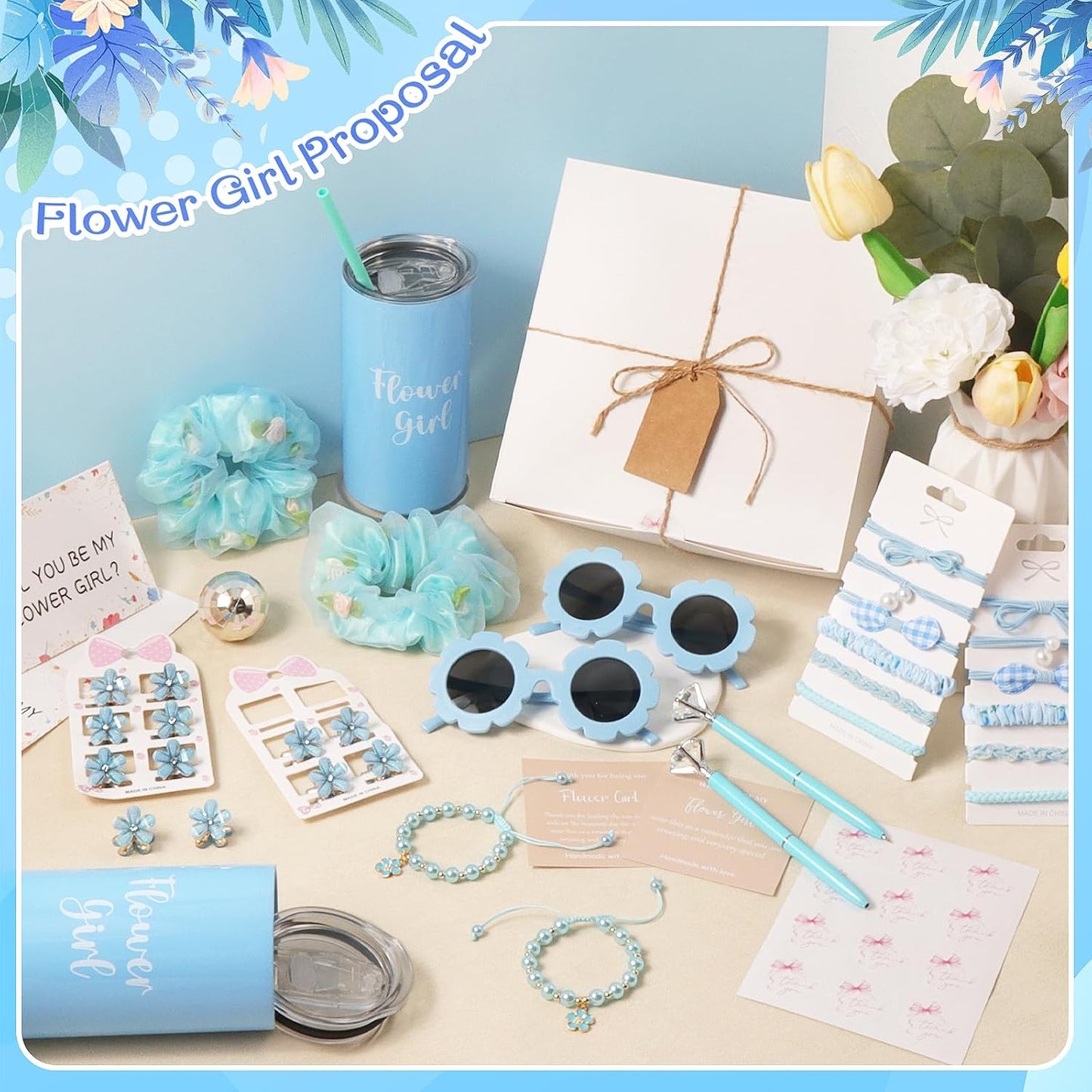 Flower Girl Proposal Gifts Set - 40pcs White Tumbler, Sunglasses, Pearl Bracelet & More | Perfect for Little Girls