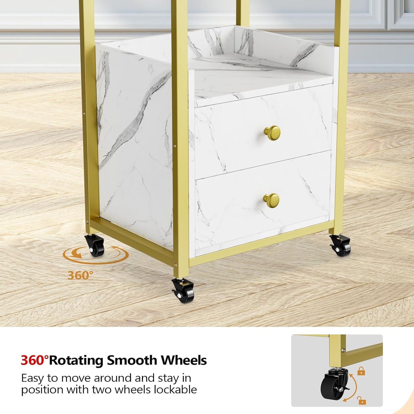 OmySalon Salon Trolley Cart - Mobile Beauty Spa Organizer with 3 Drawers & 2 Trays | White Marble Finish