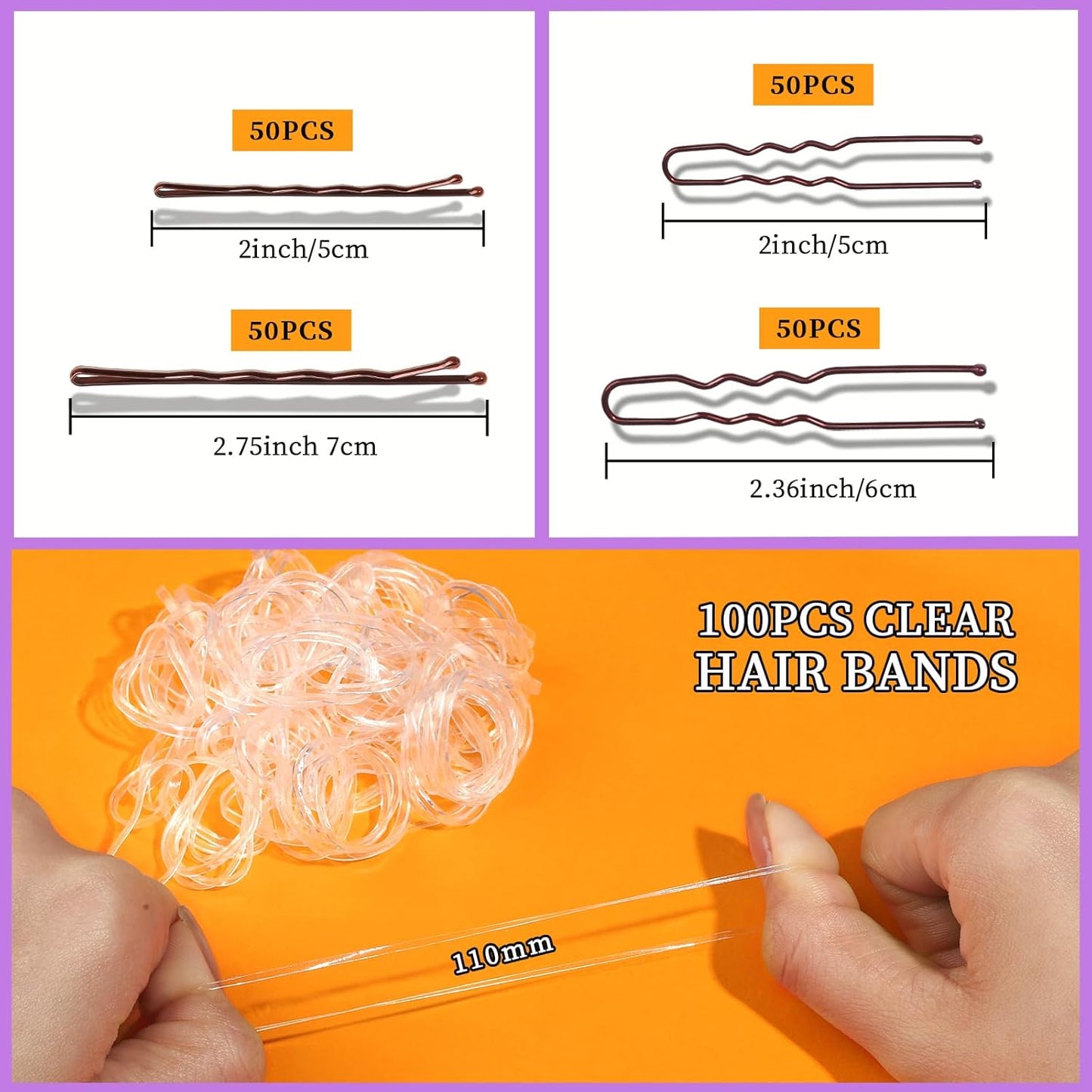 Bobby Pins Hair Pins Kit - 300pcs Brown Hair Accessories for Women | 100 Hair Bands, 2-2.75 Inch Sizes