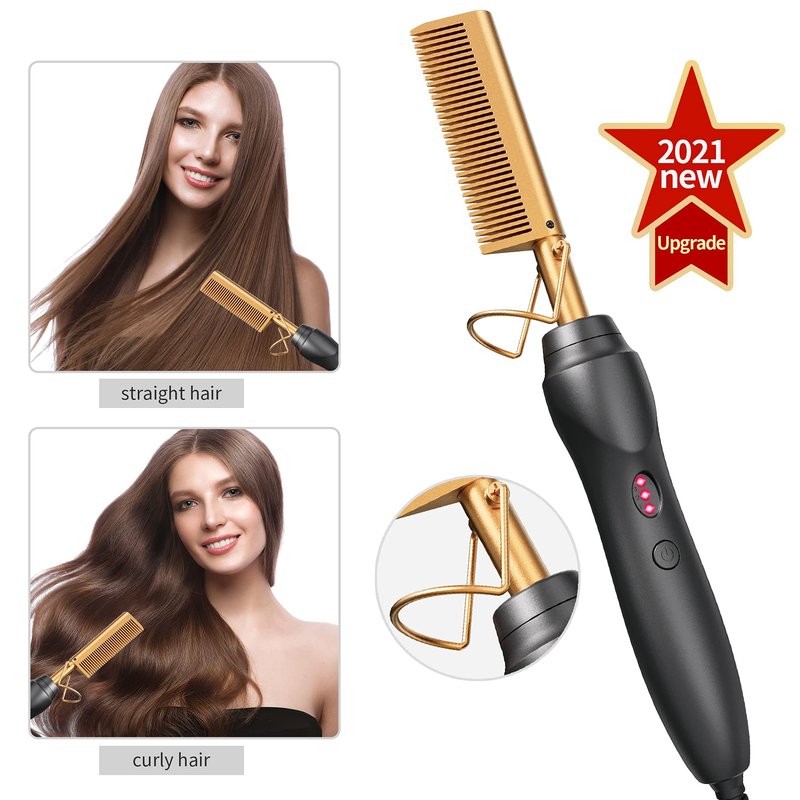 Electric Hot Comb Hair Straightener - Pressing Combs, Ceramic Hair Straightening Comb, Curling Iron for Natural Black Hair Men Beard or Holiday Gift - Glod 3 In1