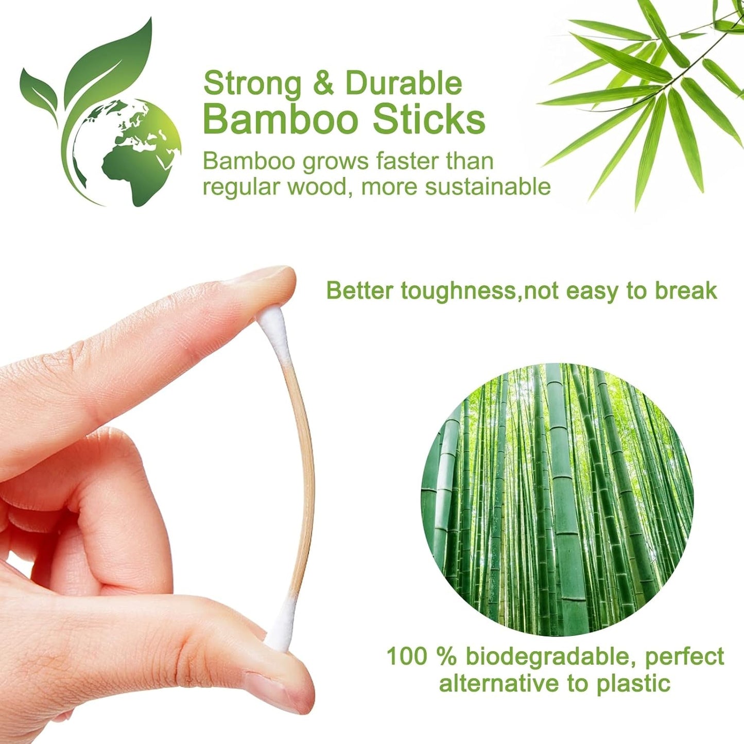 Organic Cotton Swabs - 1000 Count Biodegradable Double-Tip Buds | Strong Bamboo Sticks for Ear Cleaning & Beauty