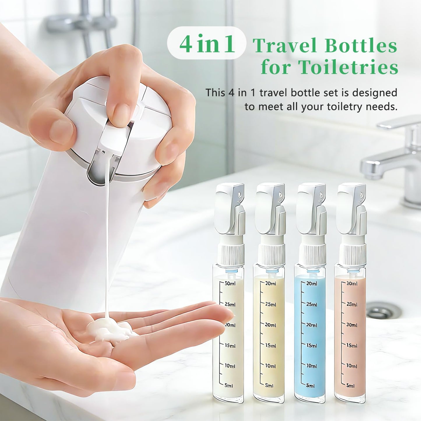 Kaminii 4 in 1 travel bottle,Travel Bottles for Toiletries,Refillable, Leak Proof and Portable,Suitable for Storing Shampoo, Shower Gel, Laundry Detergent, Suitable for Travel, Camping and Gym (Gray)