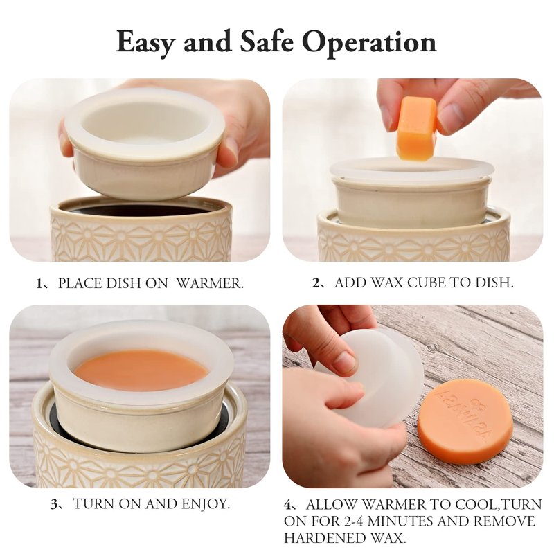 ASAWASA Candle Wax Melt Warmer with 1 pc Silicone Liner,Ceramic Wax Warmer,3-in-1 Candle Wax Melter and Fragrance Warmer for Warming(White Hexagon Pattern)