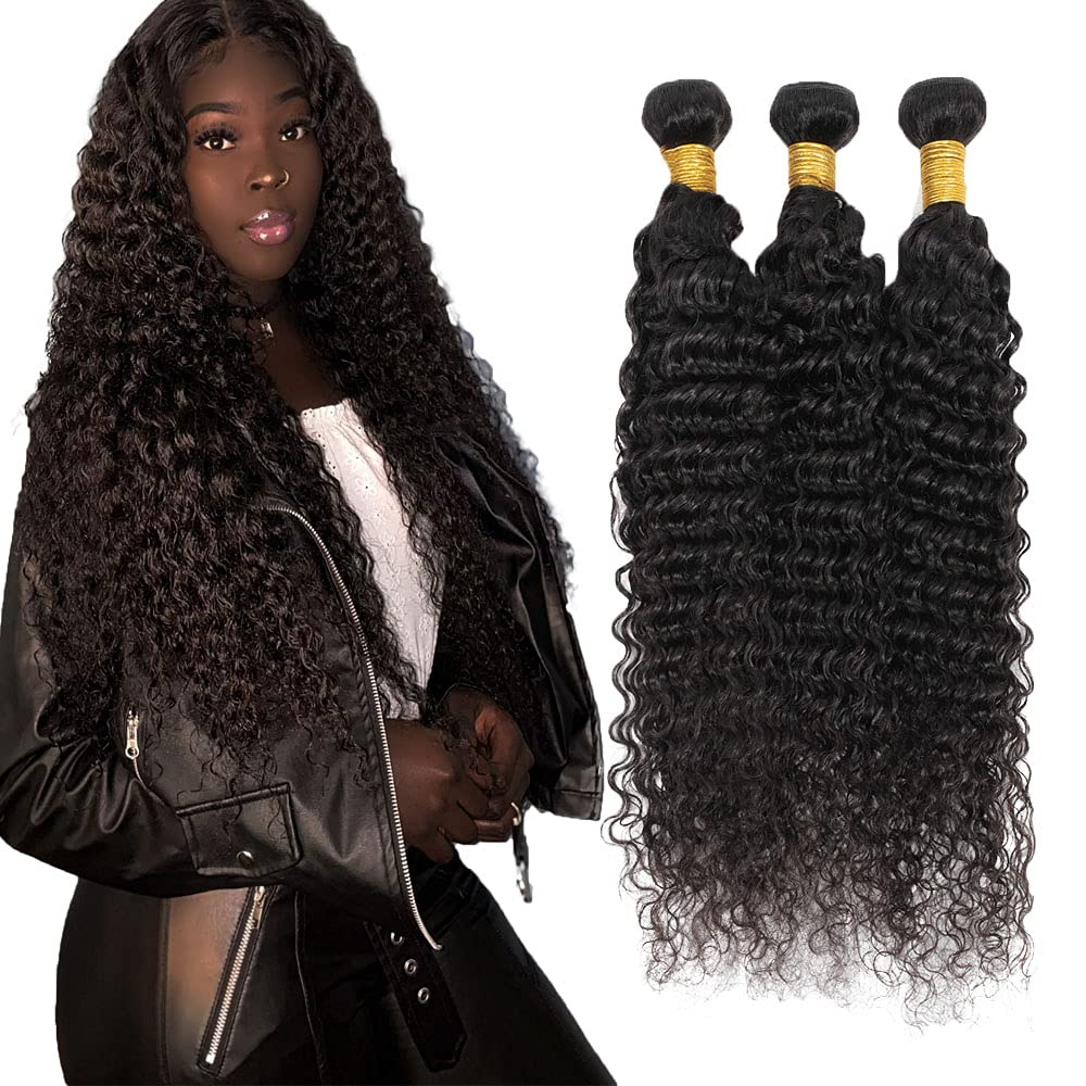 #1B Human Hair Bundles Natural Color Deep Wave Bundles 24 26 28 Inch Balck Bundles Unprocessed Brazilian Virgin Hair 3 Bundle 50 Gram Per Bundle Deals Quick Weave Hair Extensions