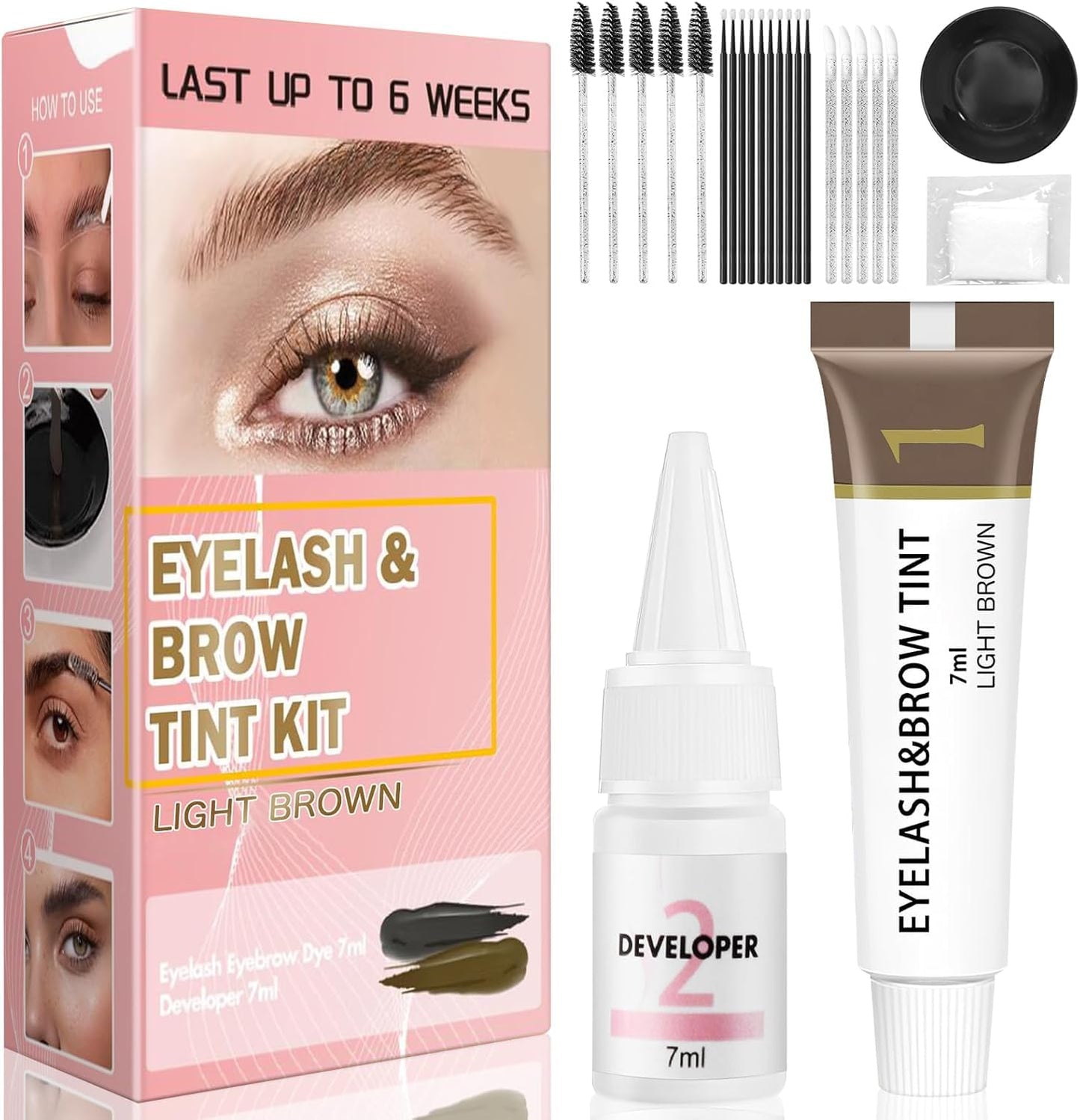 Eyelash & Eyebrow Color Kit,2 in 1 Professional Lash & Brow Color Kit Lash Color Kit with Brush Long Last Effect Up to 6 weeks,Natural,Safe & Easy Natural Brows Color DIY at Home (LIGHT BROWN)