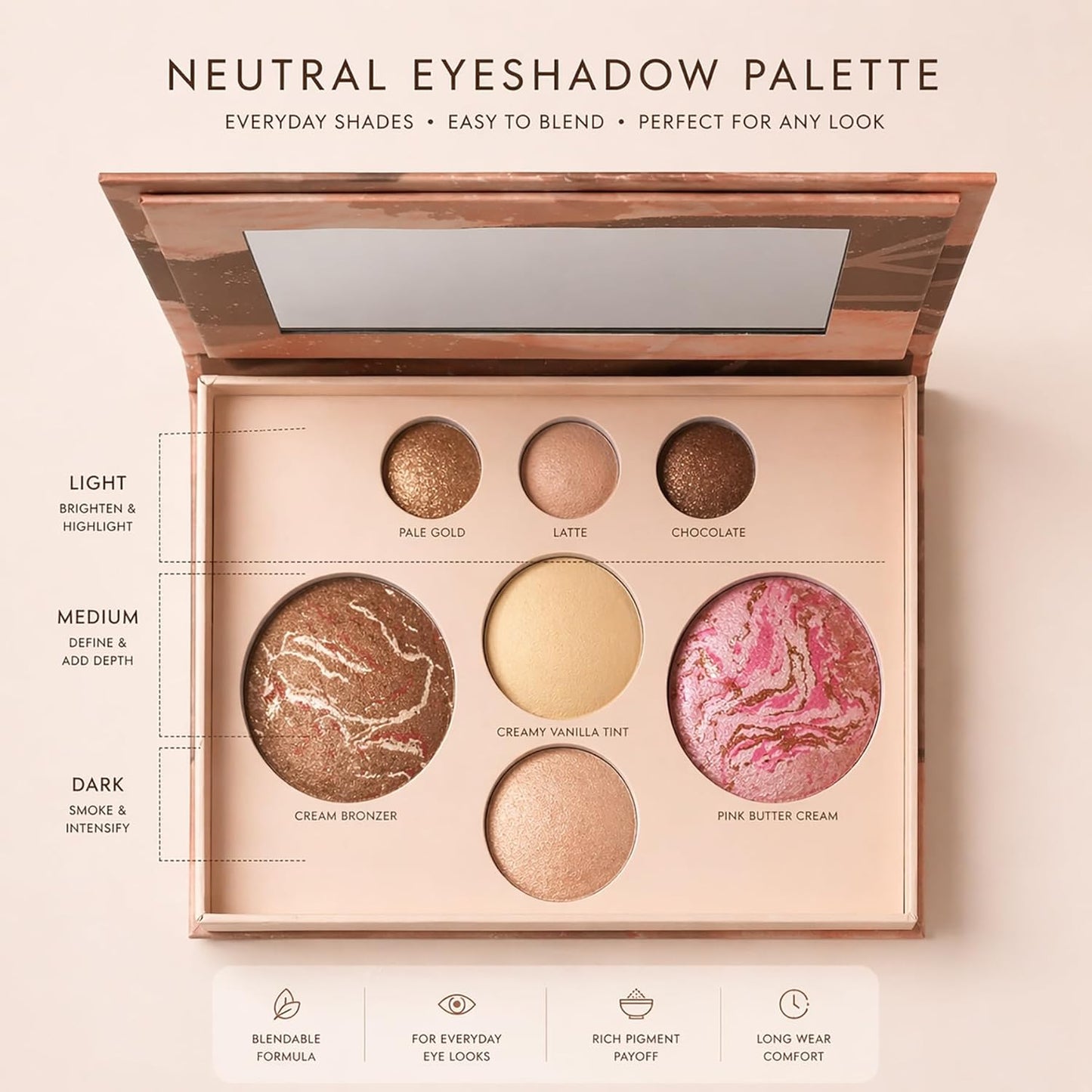 Baked Face Palette for Mature Skin - Bronzer, Blush, Highlighter & Eyeshadows | Vegan, Cruelty-Free, Travel-Friendly