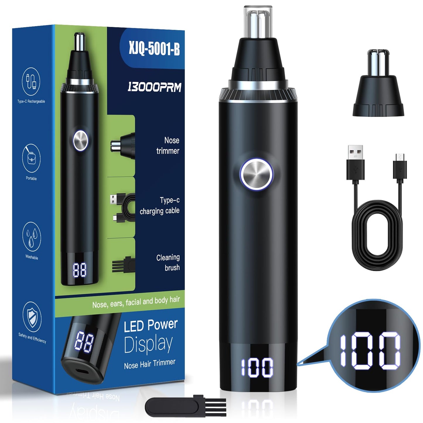 Ginity Ear & Nose Hair Trimmer with LED Display for Men Women,Painless USB Rechargeable Eyebrow & Facial & Nose Hair Trimmer Clipper,Professional IPX7 Waterproof Dual Edge Blades